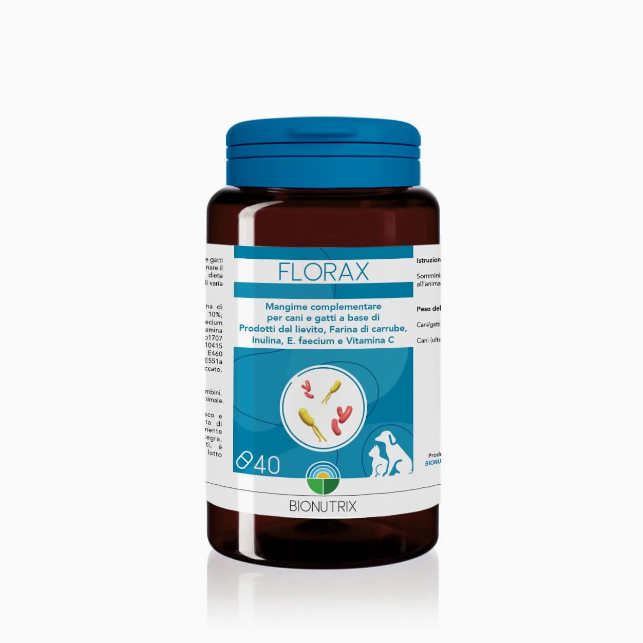 FLORAX | Probiotico per Cane e Gatto | 40 CPR Appetibili | Alto Dosaggio | Integratore Alimentare | Ripristino Flora Intestinale | MOS, E.faecium, Farina di Carrube, Inulina e Vitamina C | BioNutrix ®