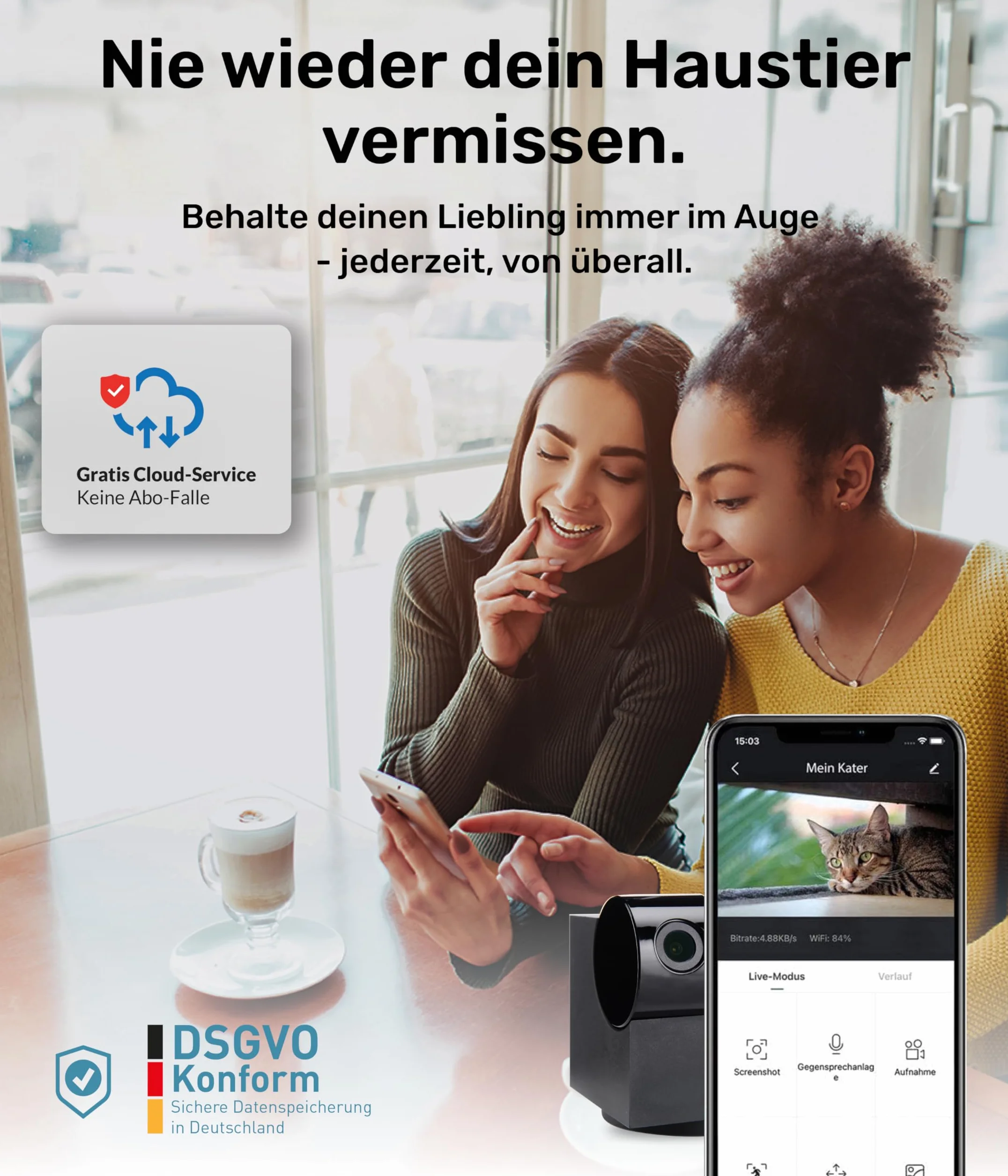 Set di 2 telecamere PetTec Cam Lite | Telecamera di sorveglianza per animali domestici con app, rilevatore di movimento e trasmissione su cellulare | Fotocamera WiFi | Telecamera WLAN per interni con