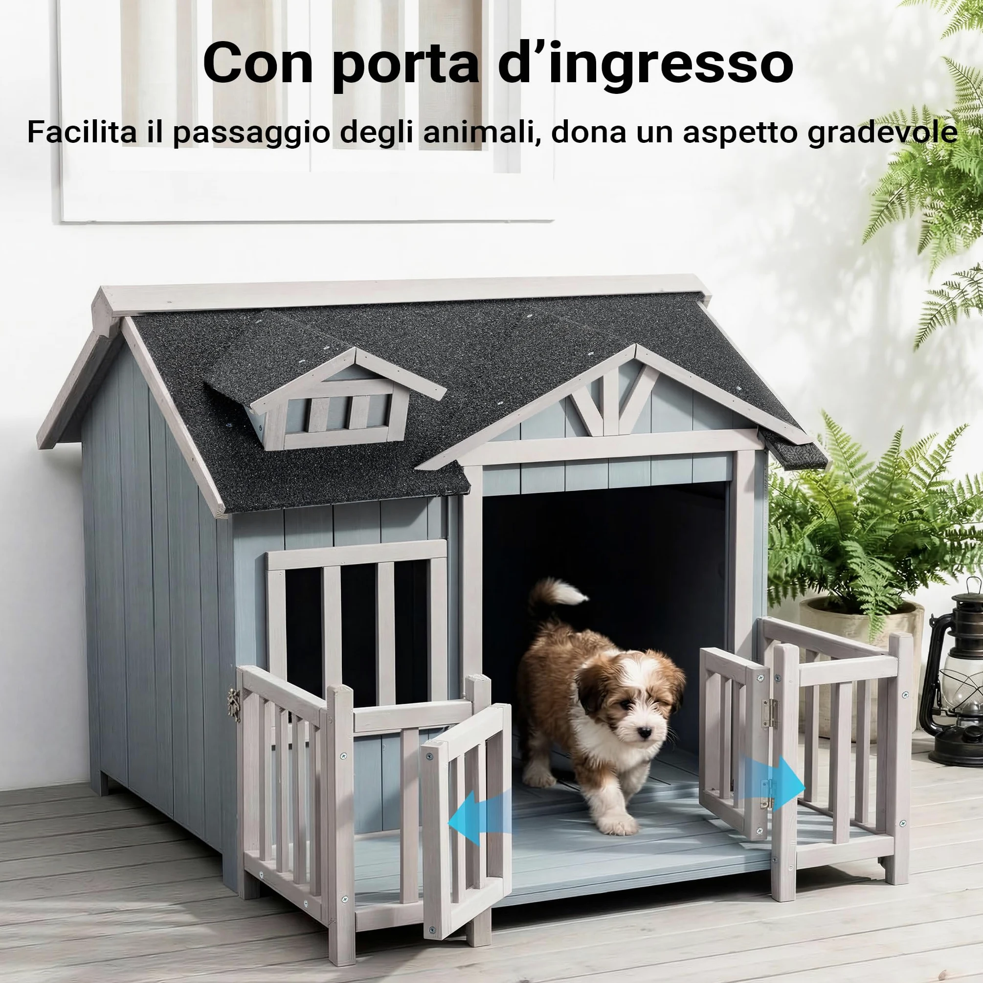 Cuccia per cani Luxus XL con patio in legno per uso esterno