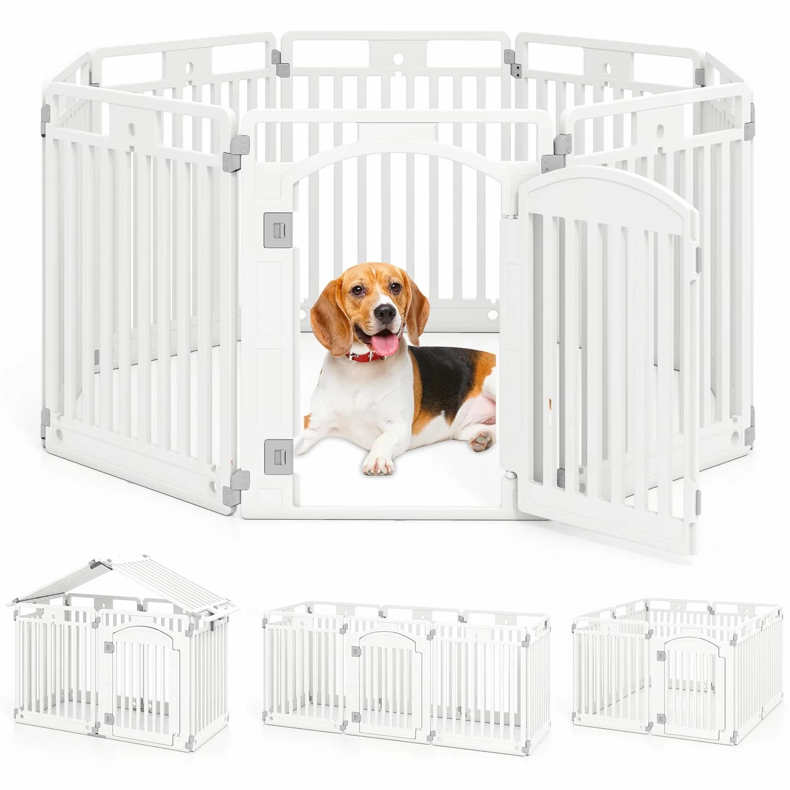 COSTWAY Pannello in Plastica per Cani a 8 Pannelli, Recinzione Portatile per Animali Domestici, Cancello Pieghevole con Porta di Sicurezza con Serratura per Cani, Recinto Pieghevole, 192 x 65 x 80 cm