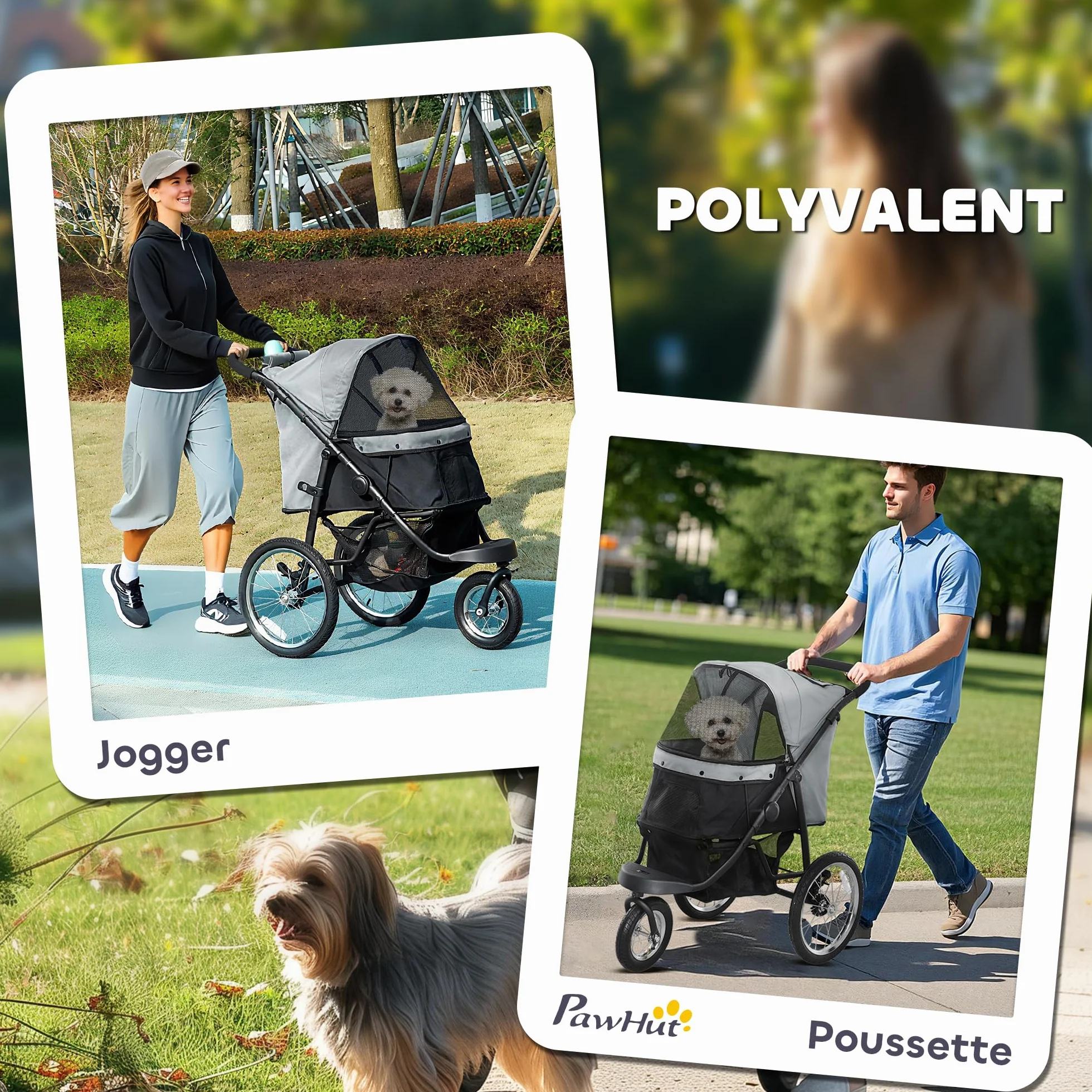 PawHut Carrozzina per cani pieghevole in un click, carrozzina per gatti con cestino portaoggetti, cuscino lavabile, guinzaglio di sicurezza, grandi ruote in gomma e capottina regolabile, grigio