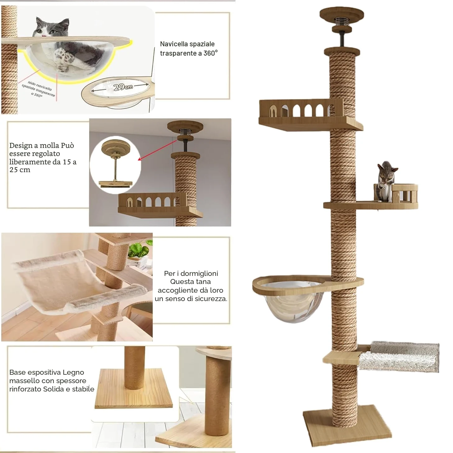 Md Tiragraffi a soffitto, capsula per stanza, amaca per gatti, completamente avvolta in corda di sisal, larghezza di 11 cm, altezza del soffitto (240~250 cm, 265 – 275 cm T04)
