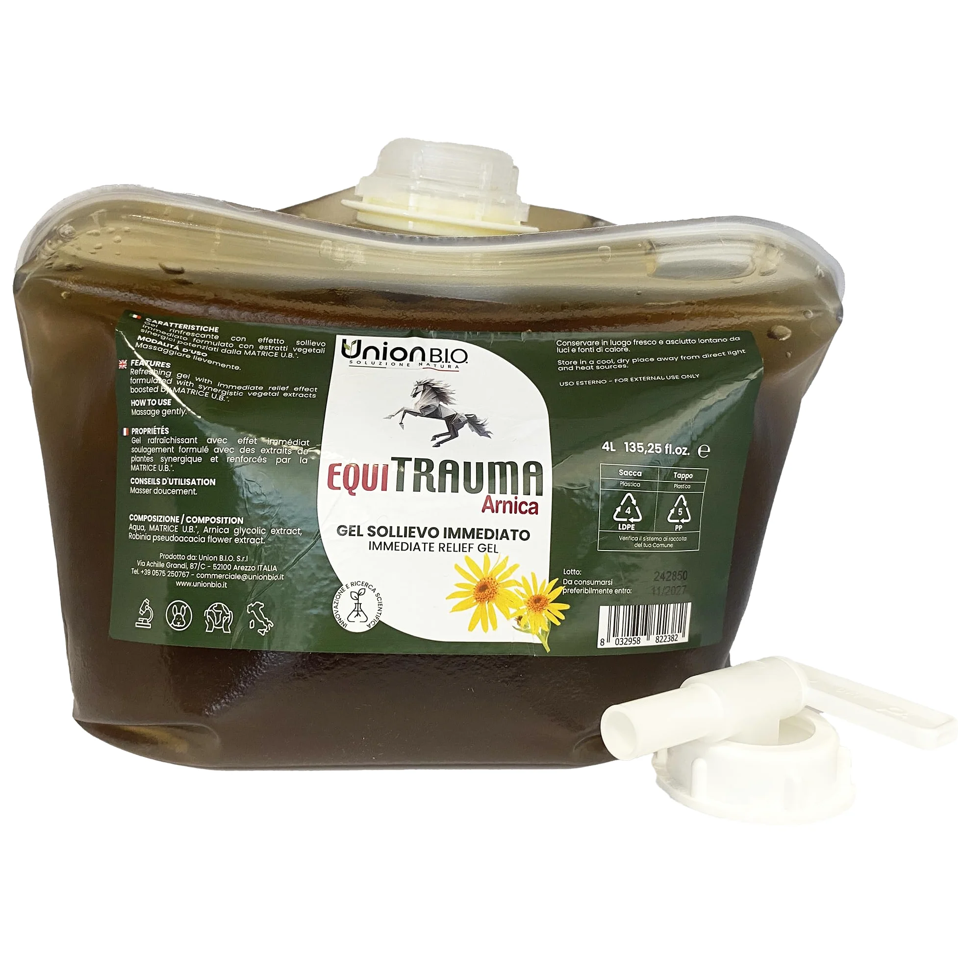 UNION B.I.O. SOLUZIONE NATURA Equitrauma Gel Arnica Montana per Cavalli e Uso Umano 4LT