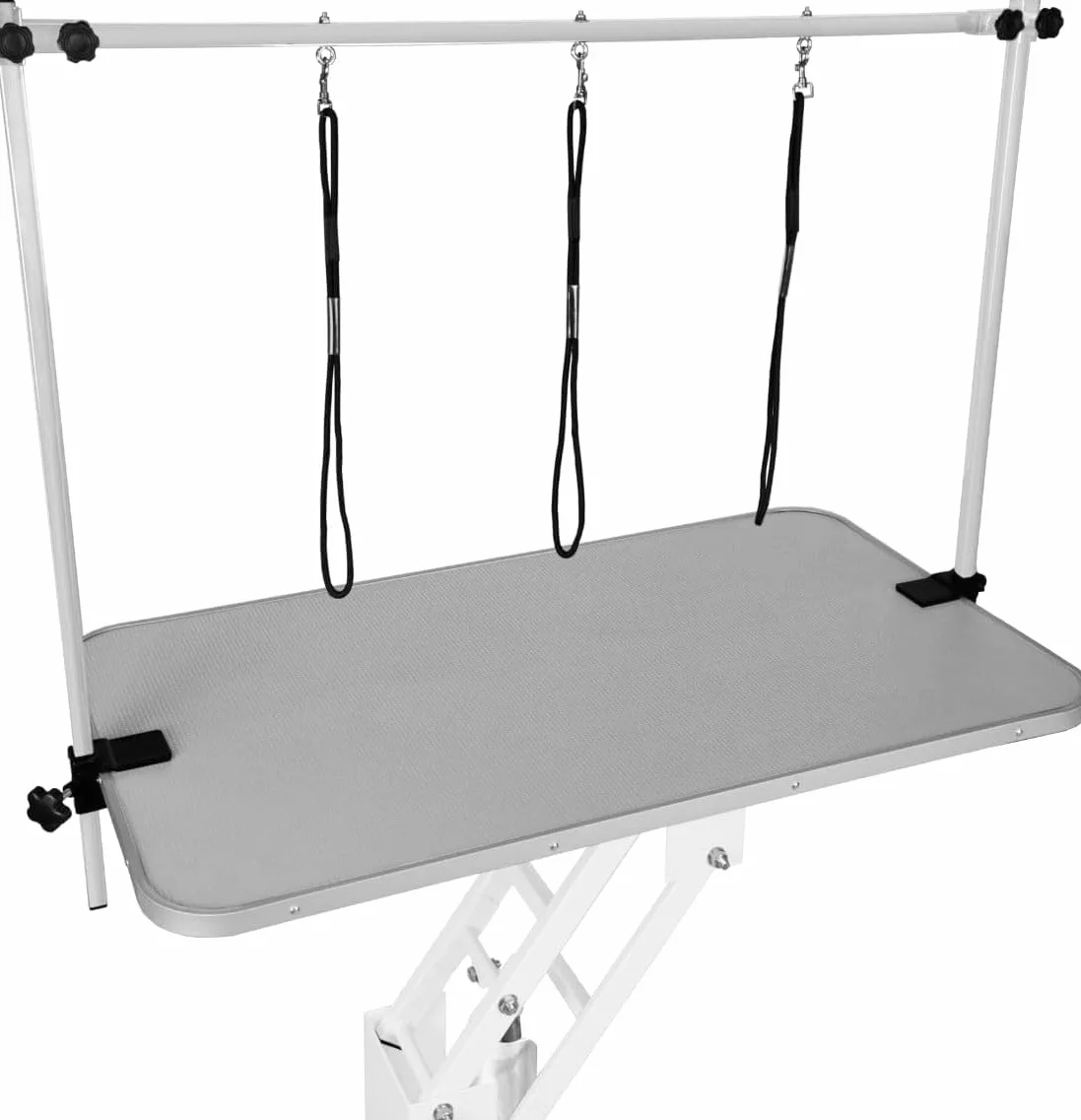 Tavolo Idraulico Toelettatura Cani - Altezza 55-101 cm, Capacità 180 kg, Bianco - Piano Grigio, Antiscivolo 106x61 cm, Acciaio Bianco, Piedini Livellanti, 3 Guinzagli