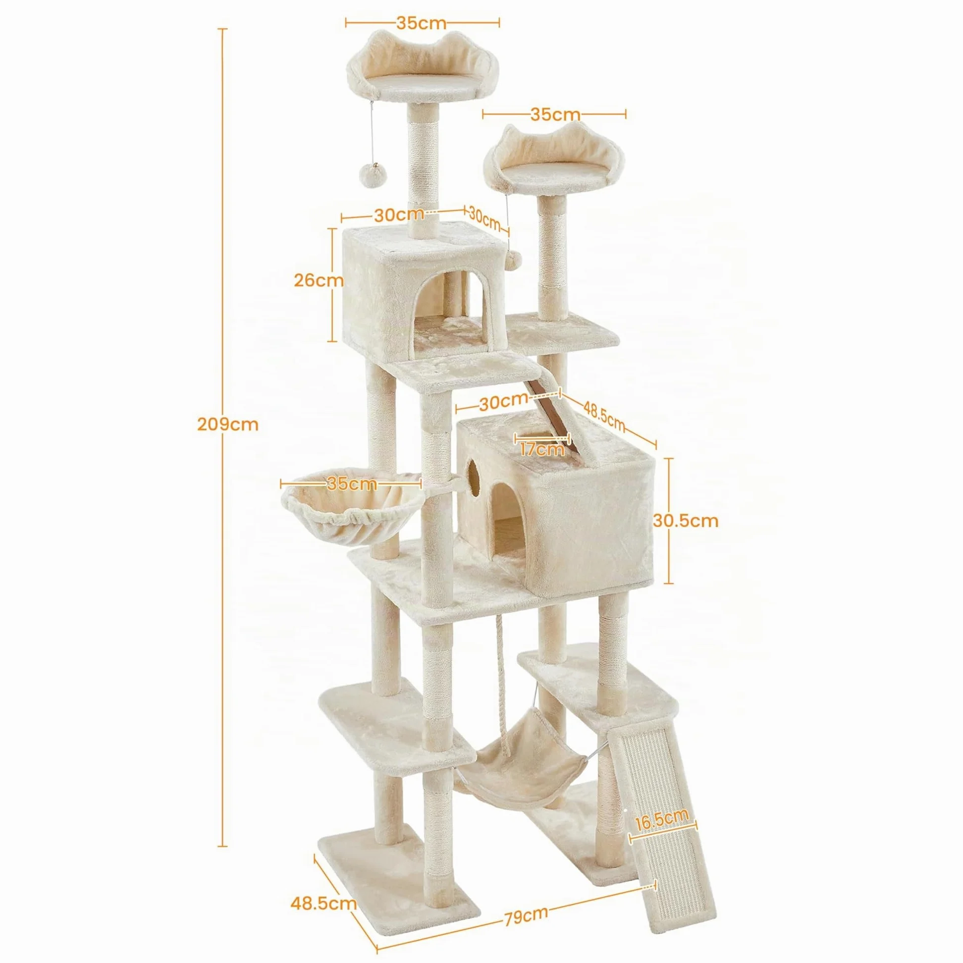 Yaheetech Albero Tiragraffi per Gatti Altezza 209 cm in Truciolato e Corda in Sisal con Condomini Posatoi e Amaca per Gioco e Pisolini Multilivello Beige