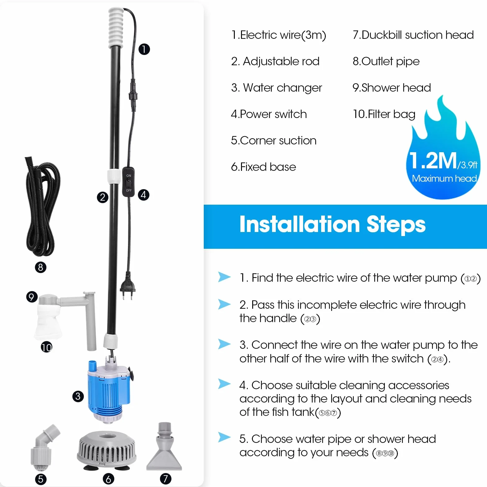 Pulizia di ghiaia per acquario 6 in 1 Kit, aspirapolvere elettrico per acquario cambio acqua Lavatrice di sabbia per acquari pulizia alghe/ghiaia