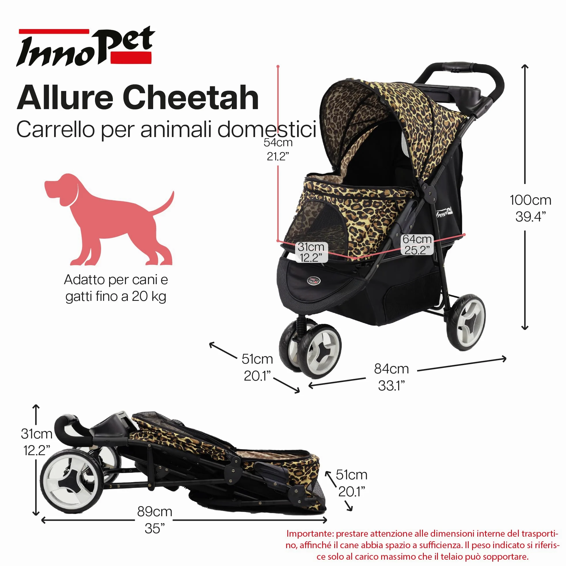 Innopet Buggy Allure Cheetah - Elegante passeggino per cani con stampa leopardata, pieghevole con una sola mano - Ruote antiforatura - Peso massimo 20 kg - carrozzina ideale per gatti