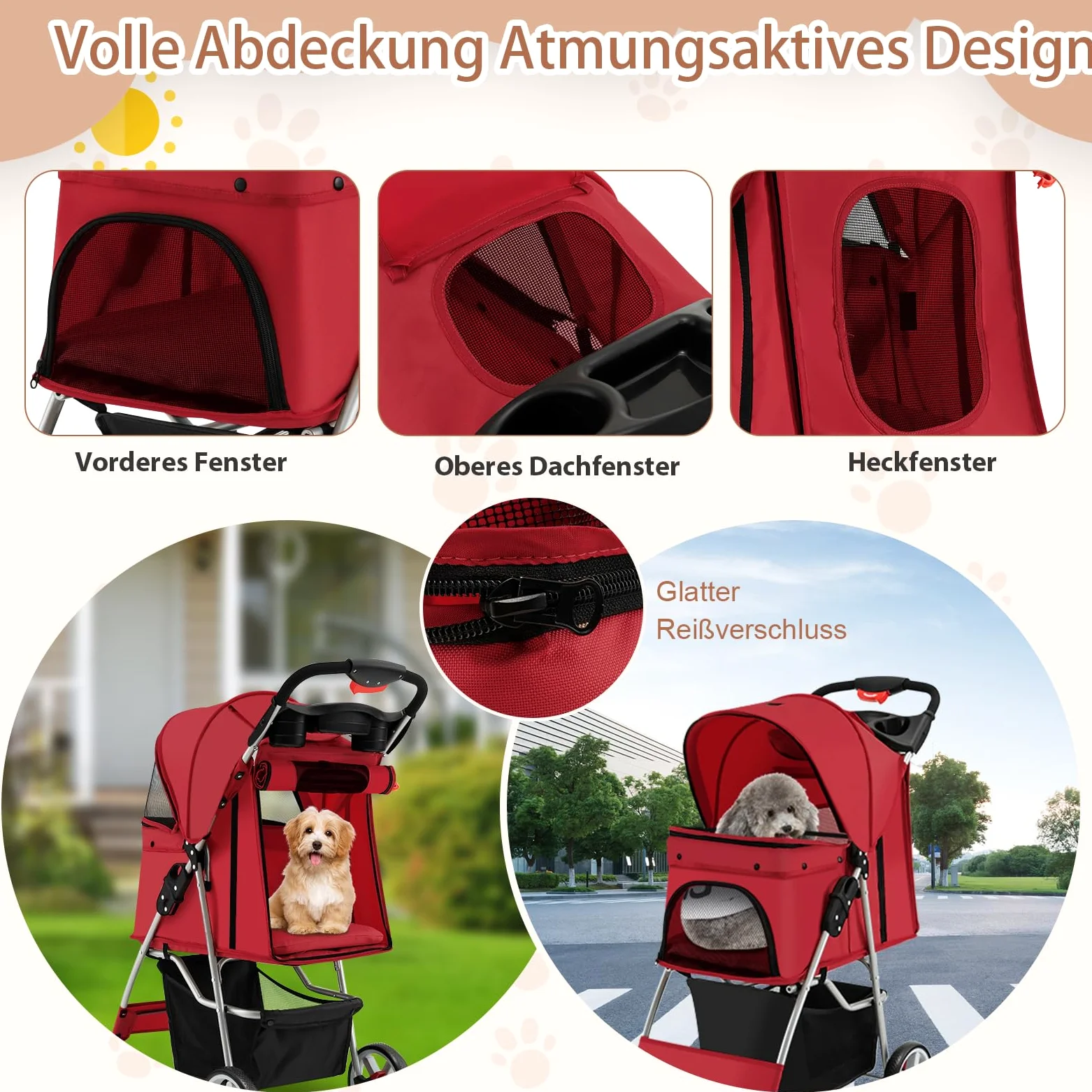 SOARS Passeggino per Cani e Gatti Pieghevole Fino 15 kg, Carrello per Animali Domestici, Trasportino Carrozzina Portatile da Viaggio e Passeggio con Tettuccio per Cuccioli, 87 x 46 x 102 cm (Rosso)