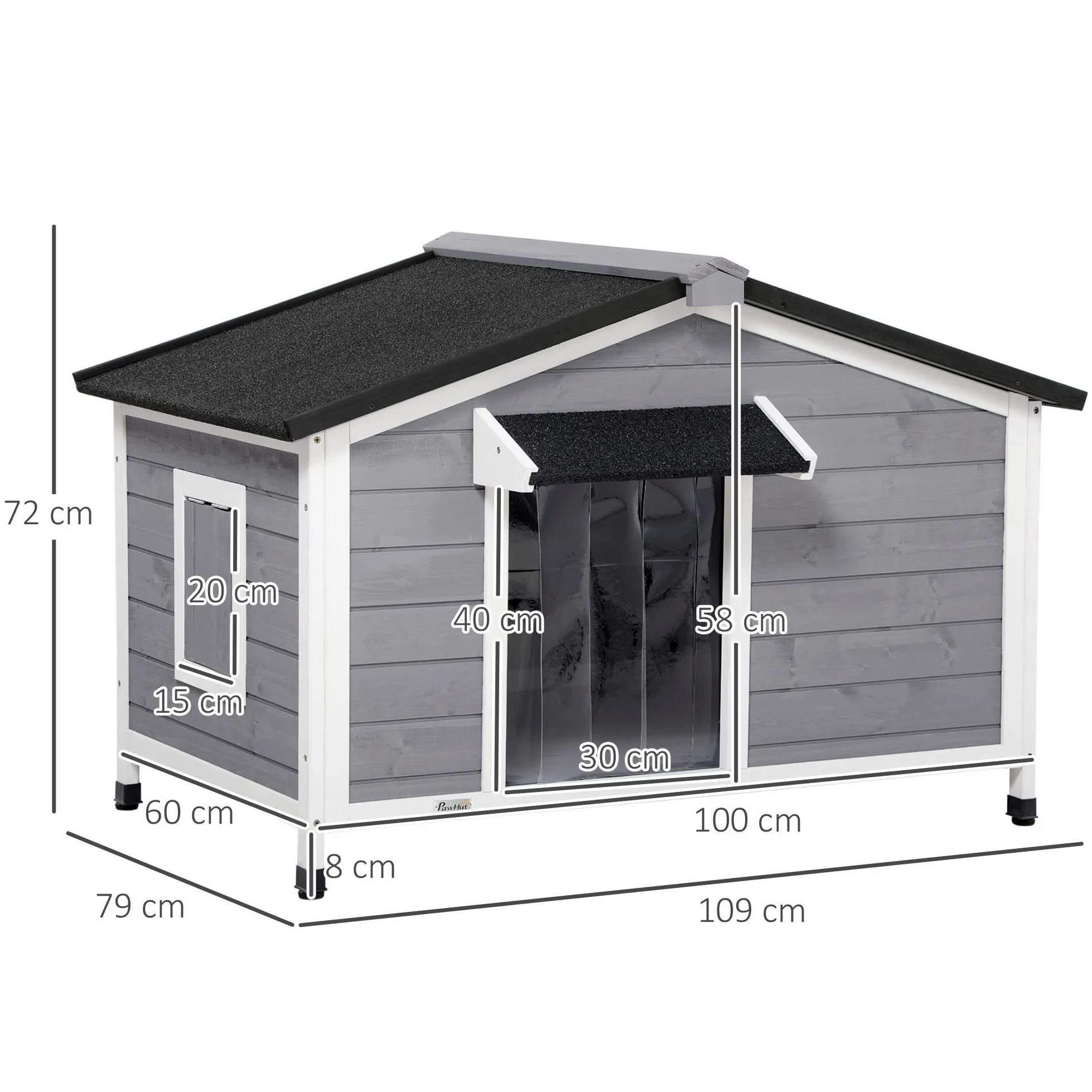PawHut Casetta per Cani Taglia Piccola e Media in Legno di Abete, Design Rialzato con Tenda Protettiva, 2 Finestre e Fondo Rimovibile, 109x79x72 cm