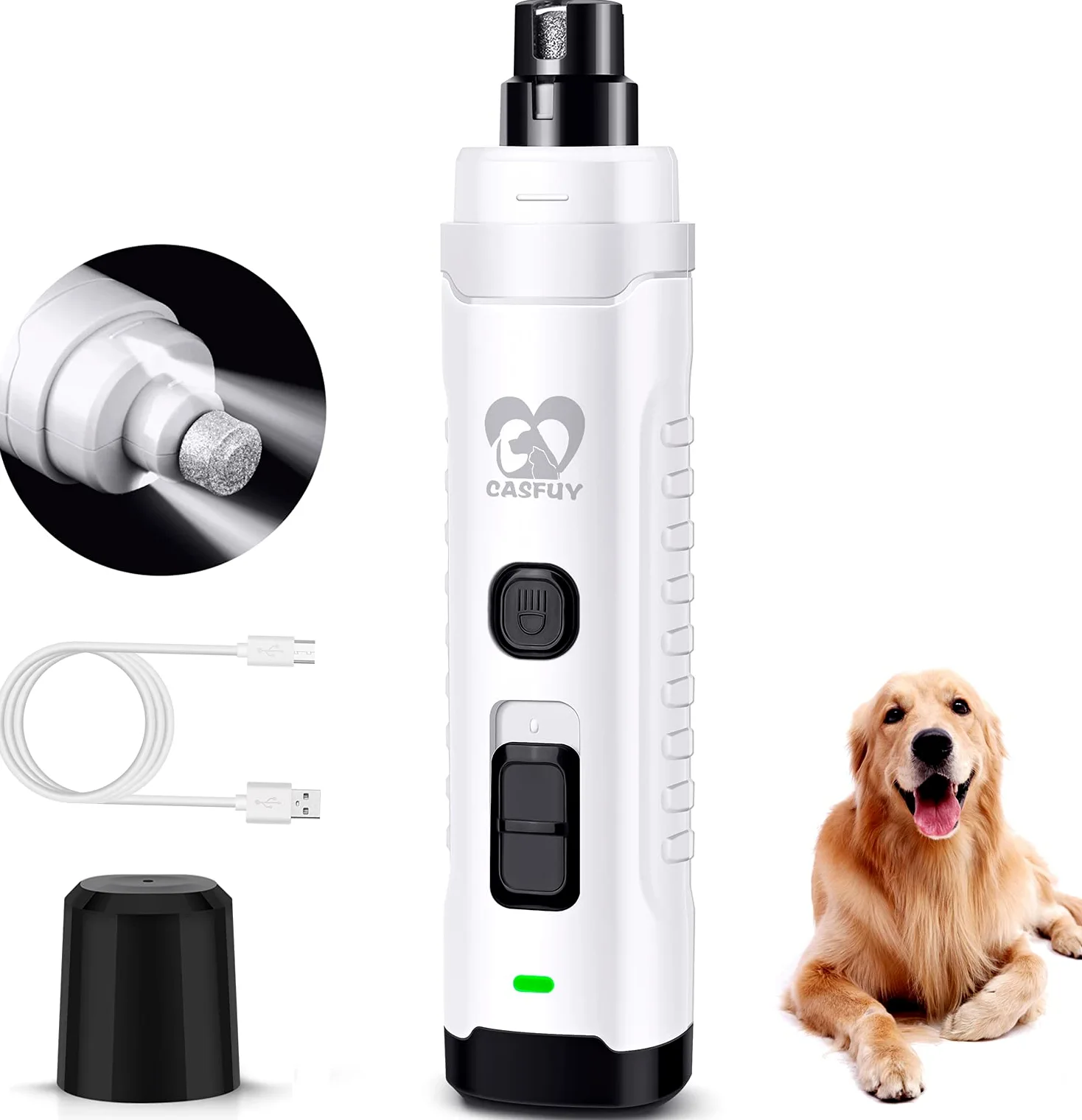 Casfuy Lima Unghie Cani - Tagliaunghie per Cani Elettrico con 2 luci LED Ricaricabile Silenziose con Vibrazioni Ridotte a 2 velocità Professionale per Cani e Gatti di Taglia Piccola Media e Grande