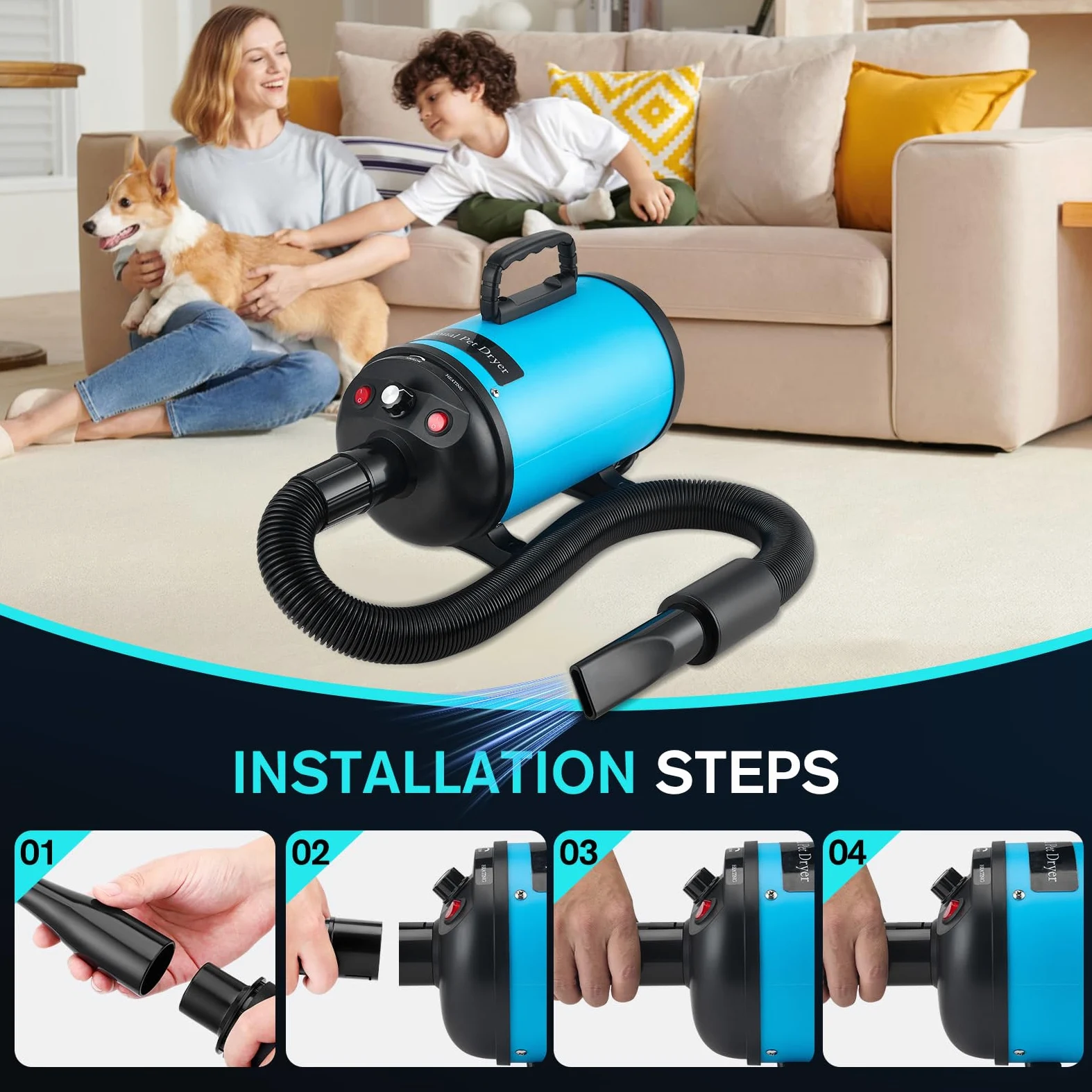 Asciugacapelli per cani, asciugacapelli per cani, 3800 W/4,5 CV, asciugacapelli professionale per la cura del pelo, regolazione continua della velocità, a basso rumore, con 4 diversi ugelli, tubo