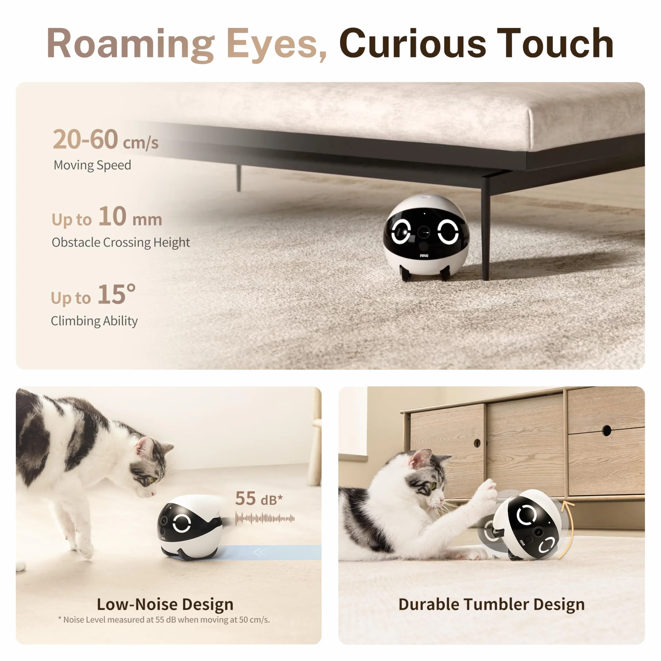 Enabot ROLA Mini FamilyBot – Robot Telecamera Animali 2K, 25 Giorni Batteria, Senza Stazione Ricarica, Visione Notturna, Rilevamento Movimento – Gatti e Cani