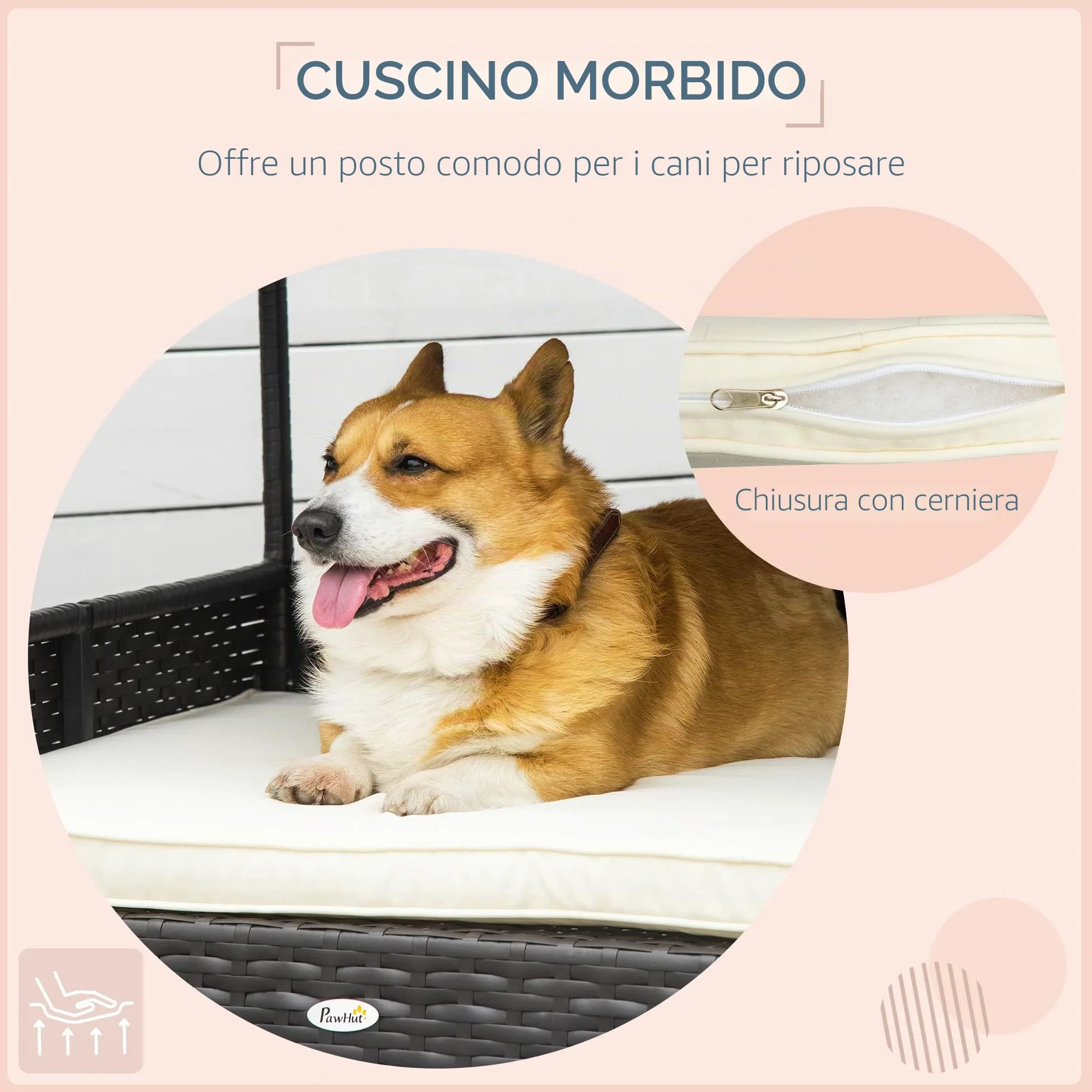 Pawhut Cuccia per cani con cuscino, letto per cani a forma di casa, casa per esterni, telaio in acciaio, PP Rattan, nero, 95 x 69 x 70 cm