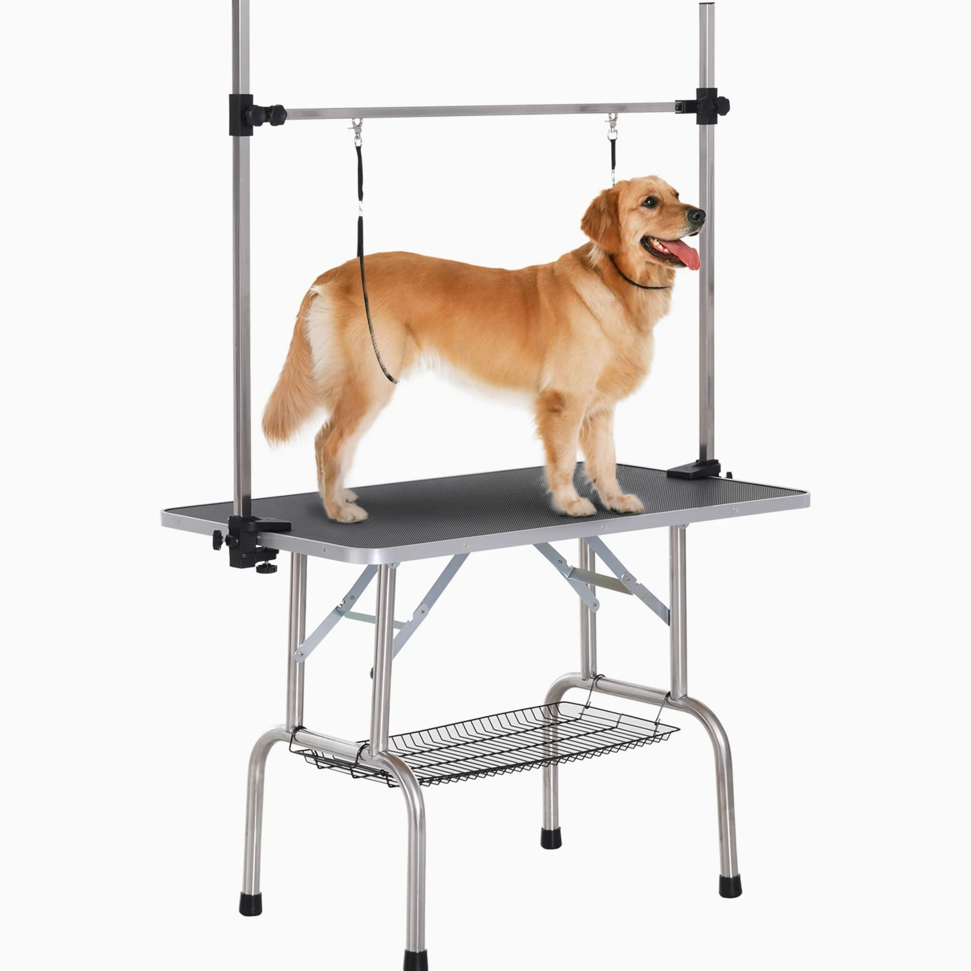 PawHut Tavolo da toelettatura per animali domestici Tavolo da toelettatura pieghevole con portaoggetti Telaio in acciaio Altezza regolabile 20-80 cm 107x60x170 cm Nero