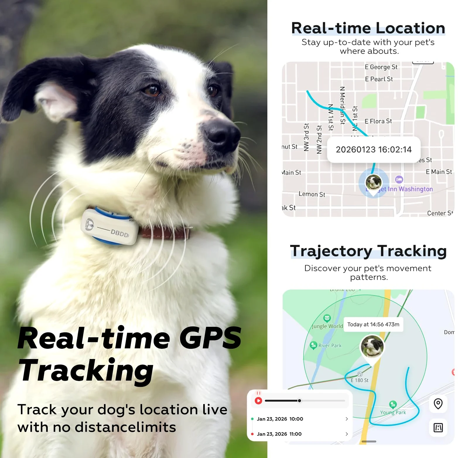 DBDD Smart GPS Dog Collar Tracker con recinto virtuale, monitoraggio live e segni vitali, per cani fino a 18 kg, impermeabile, per cani da 18 kg in su, compatibile con iOS e Android (bianco)