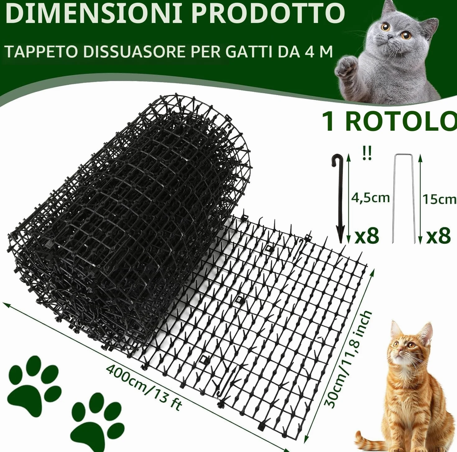 AKOLAFE Tappetino per gatti con 8 picchetti in metallo per esterni, 400 x 30 cm, anti punte, repellente per gatti, cani, volpi, deterrenti per scavare cani da giardino, gatti, volpi