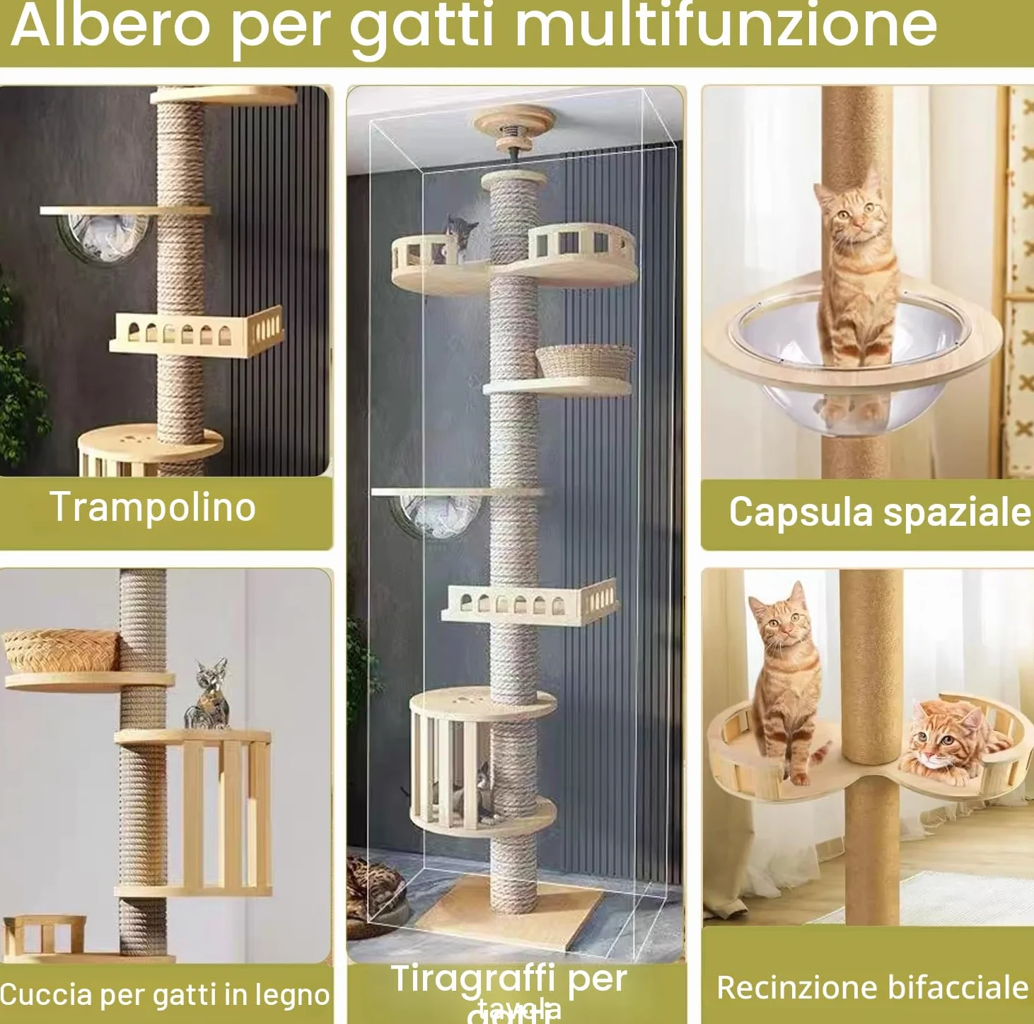 Tiragraffi a soffitto, tiragraffi alto, capsula stanza, amaca per gatti, completamente avvolta in corda di sisal, capsula per stanza, gabbia per gatti (240~280 cm T03), altezza del soffitto