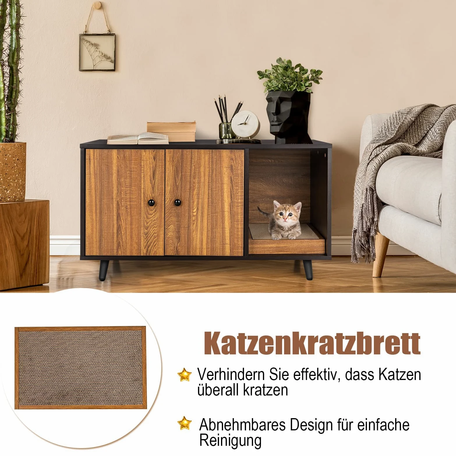 FANTASK Casetta laterale 2 in 1, tavolo e armadietto per gatti con 2 ante, tavolino da caffè e lettiera per gatti, in legno, con design impermeabile, buona circolazione dell'aria, 90 x 50 x 50 cm