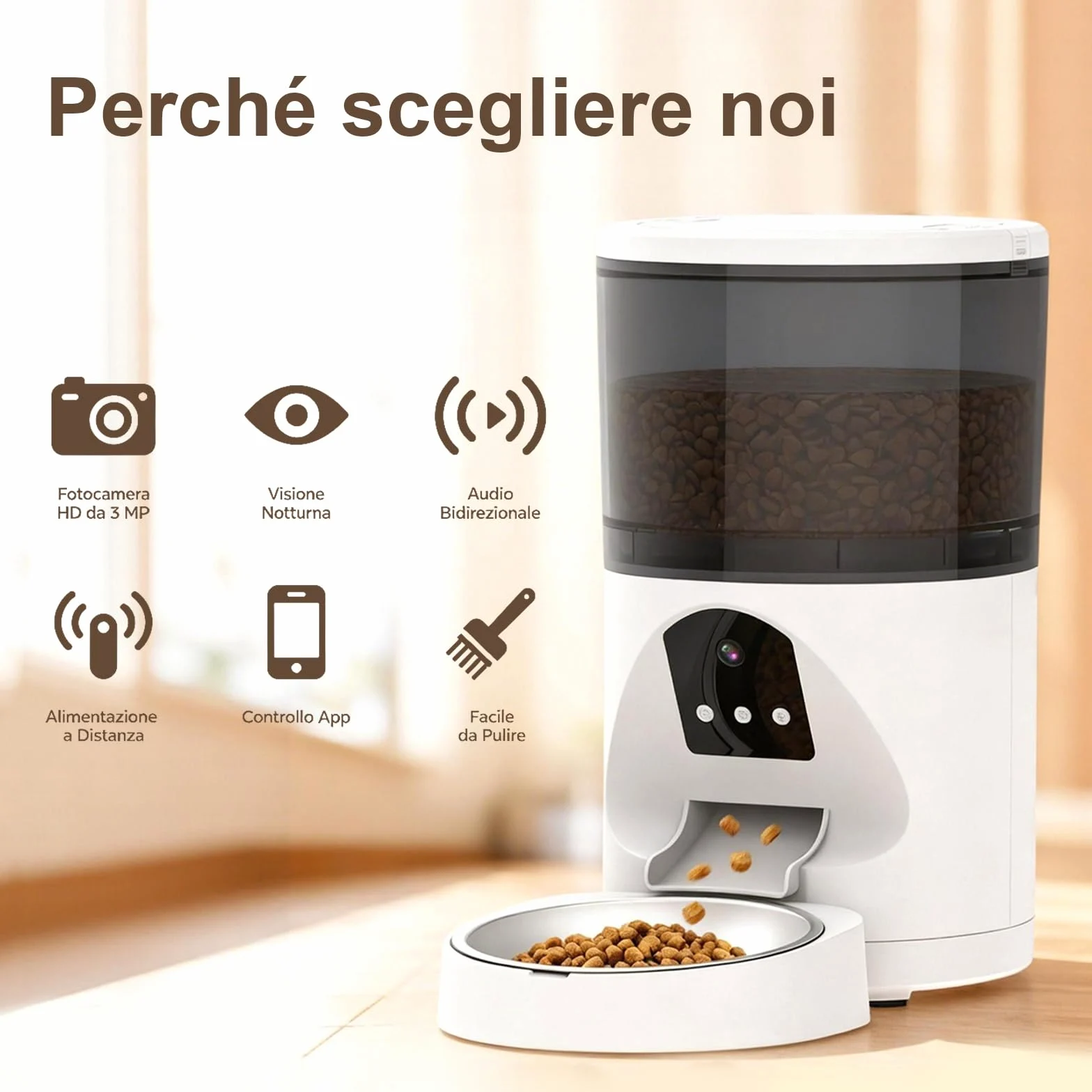 Distributore Automatico Cibo WiFi per Gatti e Cani 6L | 2.4Ghz WiFi, Dispenser Crocchette per Crocchette, 3MP HD Telecamera con Visione Notturna, Audio Bidirezionale, Controllo App