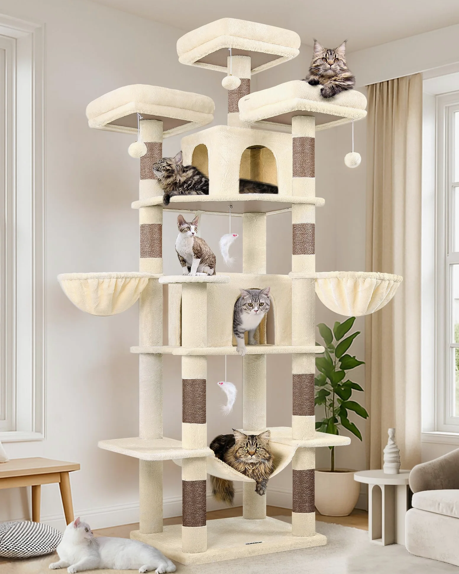Globlazer Tiragraffi per Gatti Grandi Beige, Castello per Gatto Alto 204 cm con 3 Trespoli Imbottiti, 2 Grotte, 2 Cestini, Amaca, Albero Tiragraffi per Multiplo Grandi Gatti Adulti (F80, Beige)