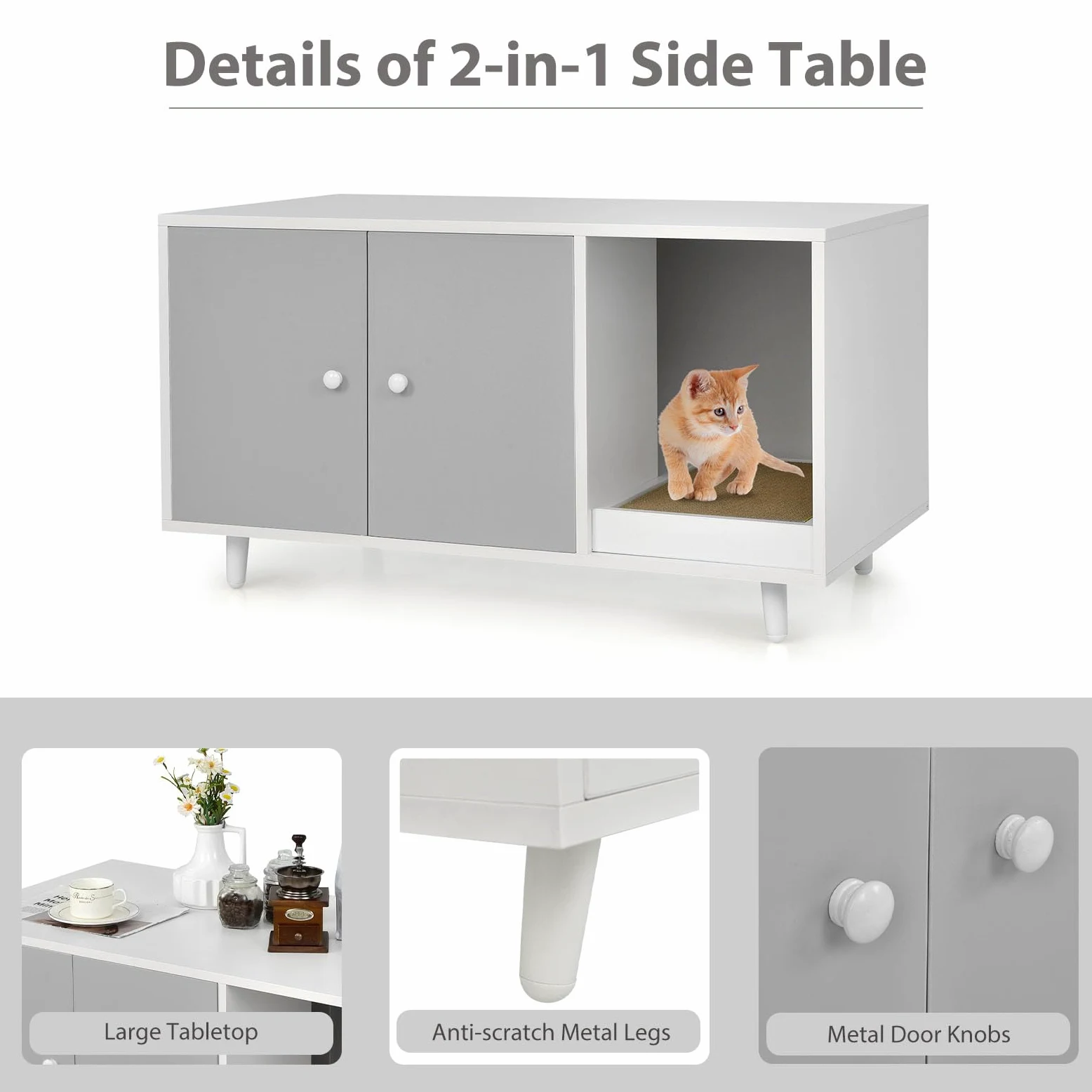 LIFEZEAL Armadietto per Gatti 2 in 1 Con Tavola Tiragraffi, Tavolino Con Casetta, 2 Ante e Gambe Sollevate, Lettiera, Marrone (Grigio)