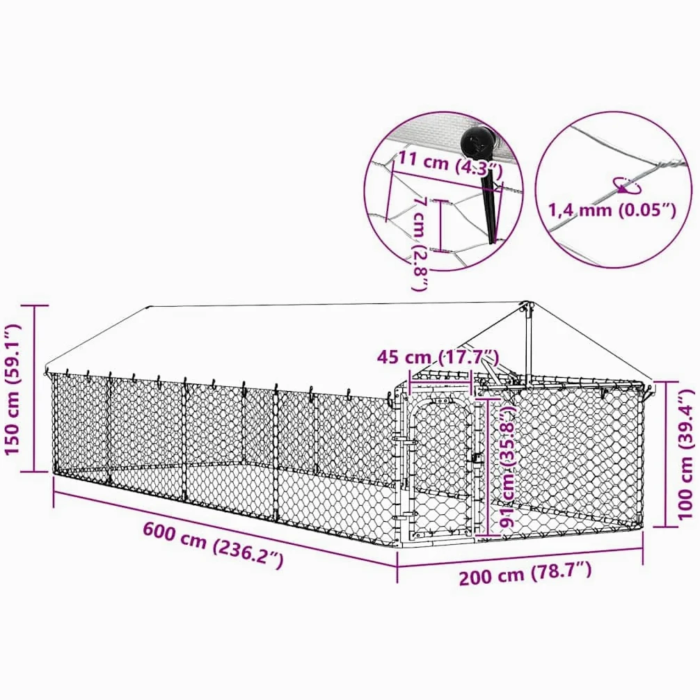 vidaXL Gabbia per Cani da Esterno con Tetto 600x200x150 cm