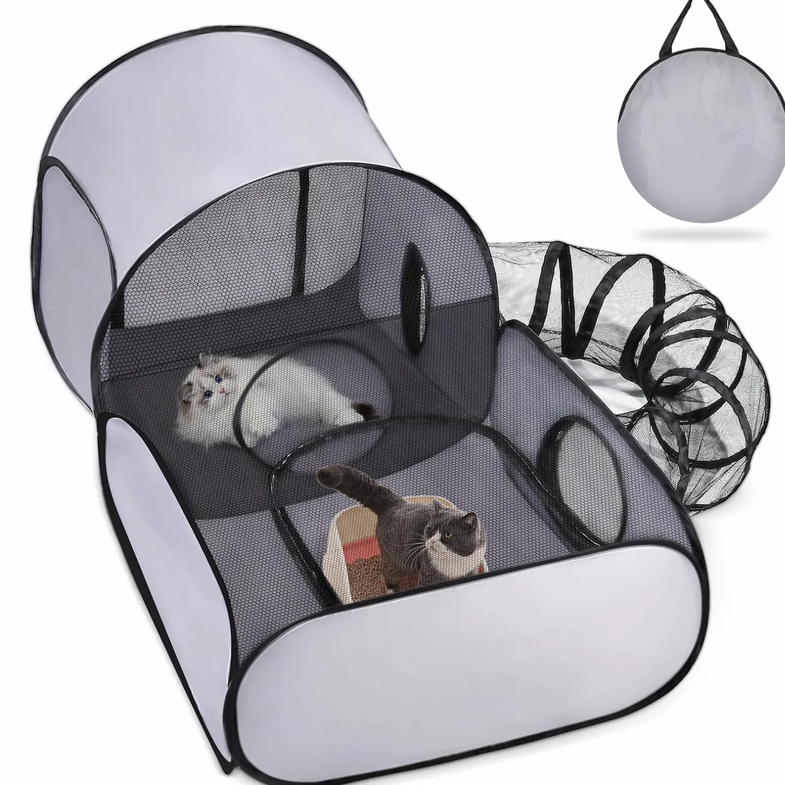 Box 3 in 1 per gatti con tunnel circostante, box per animali domestici con lati morbidi traspiranti, recinto per gatti e cani, per esterni e interni, tenda portatile per piccoli animali, con borsa per