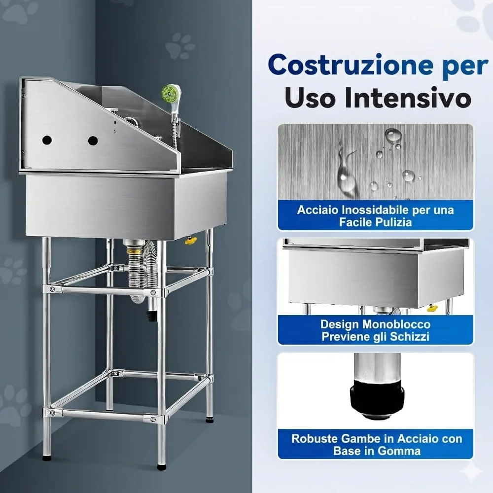 CO-Z 86 cm Vasca da Bagno per Cani Extra Elevata Altezza 120 cm, Vasca Toelettatura Professionale per Animali Domestici con Spruzzatore, Doccia per Toelettatura in Acciaio Inossidabile capacità 80 kg