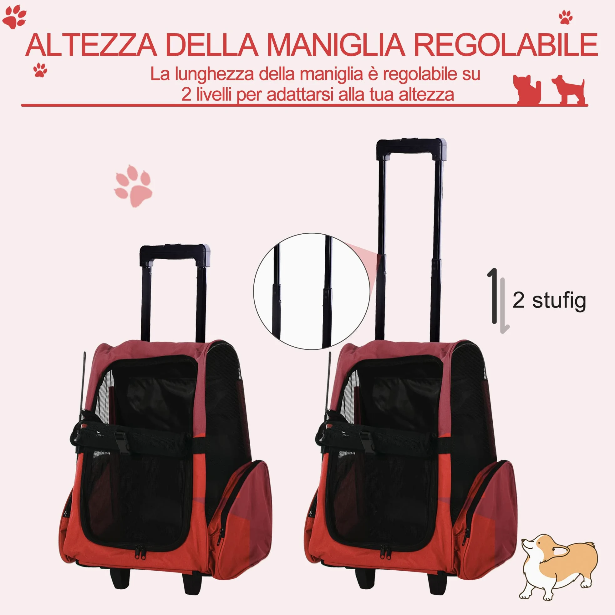 PawHut Trasportino Zaino 2 in 1 per Cani e Gatti con Tasche Laterali, Maniglia Telescopica e Ruote, 42x25x55cm, Rosso
