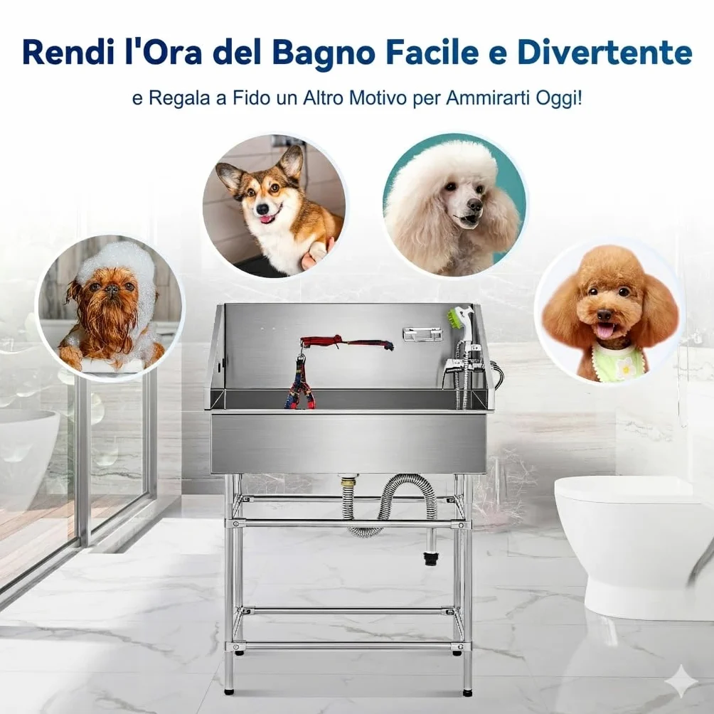 CO-Z 86 cm Vasca da Bagno per Cani Extra Elevata Altezza 120 cm, Vasca Toelettatura Professionale per Animali Domestici con Spruzzatore, Doccia per Toelettatura in Acciaio Inossidabile capacità 80 kg