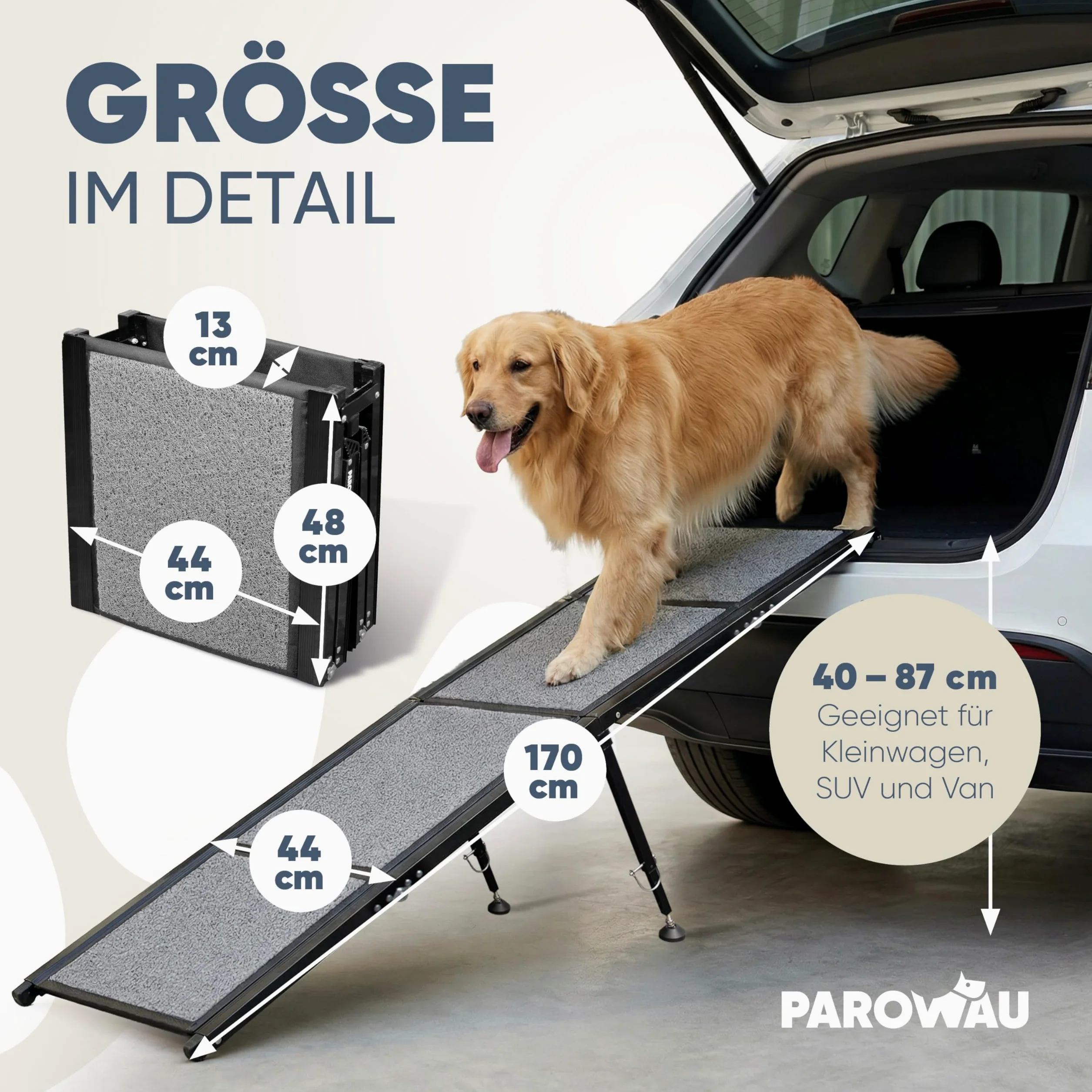 Rampa per cani per auto, pieghevole, 120 kg, extra stabile, con base aggiuntiva, 170 x 44 cm, per auto e SUV