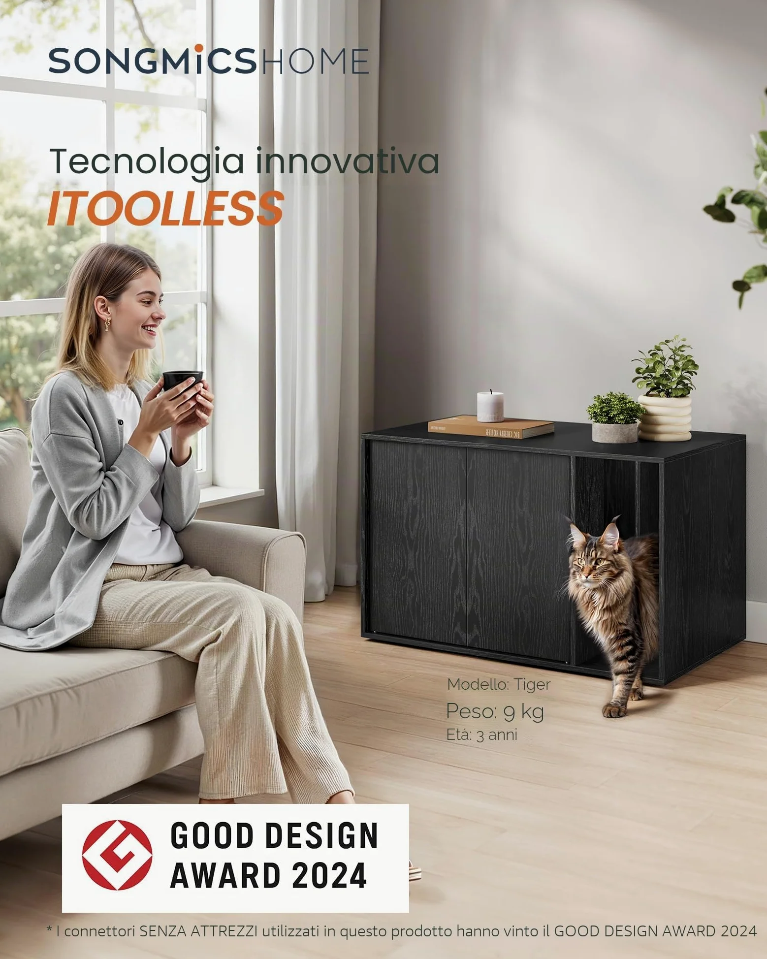 SONGMICS HOME Armadietto per Lettiera, Montaggio Rapido Senza Attrezzi Toolless, Casetta per Gatti Grandi, Porte a Spinta per Aprire, Tecnologia TOOLLESS, Nero Ebano PCL013B03
