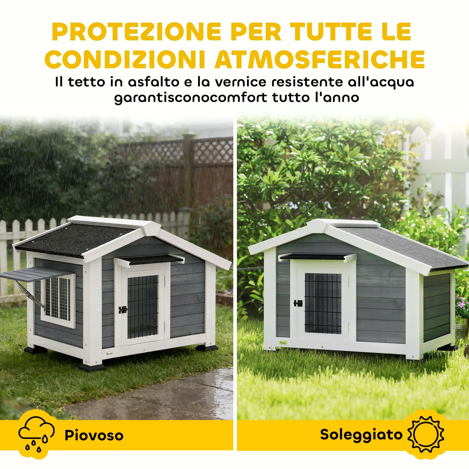 PawHut Cuccia per Cani da Esterno in Legno, Casetta per Cani Rialzato con Tetto Spiovente Impermeabile, Finestra Apribile, Facile Pulizia, Porta Ventilata, per Cani Piccola Media, 98x76x69.5cm