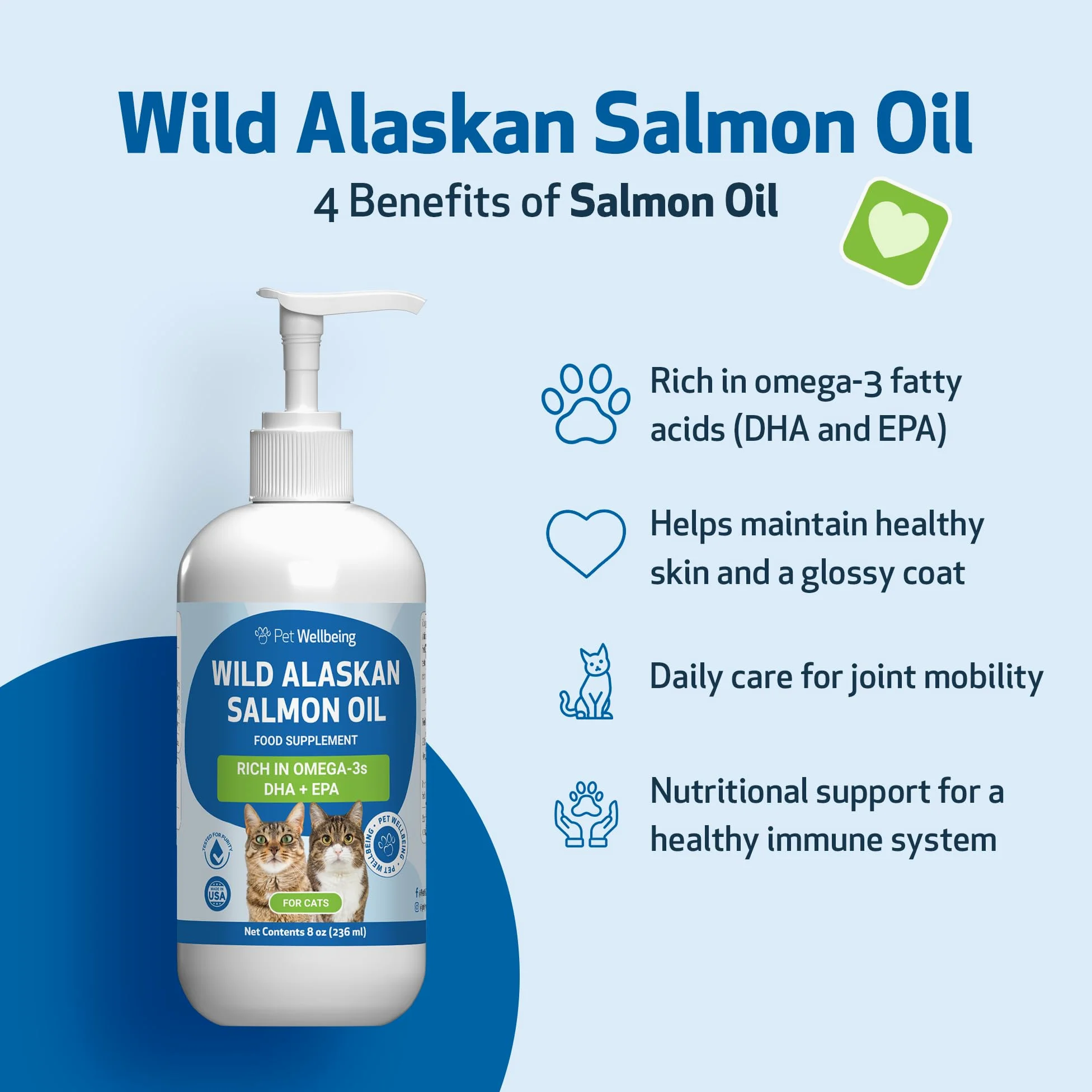 Pet Wellbeing Olio di salmone selvatico dell'Alaska per gatti, olio di pesce omega-3 catturato in natura, lavorato a freddo, per pelo e pelle sani, mobilità e forza articolari, EPA, DHA, 236 ml