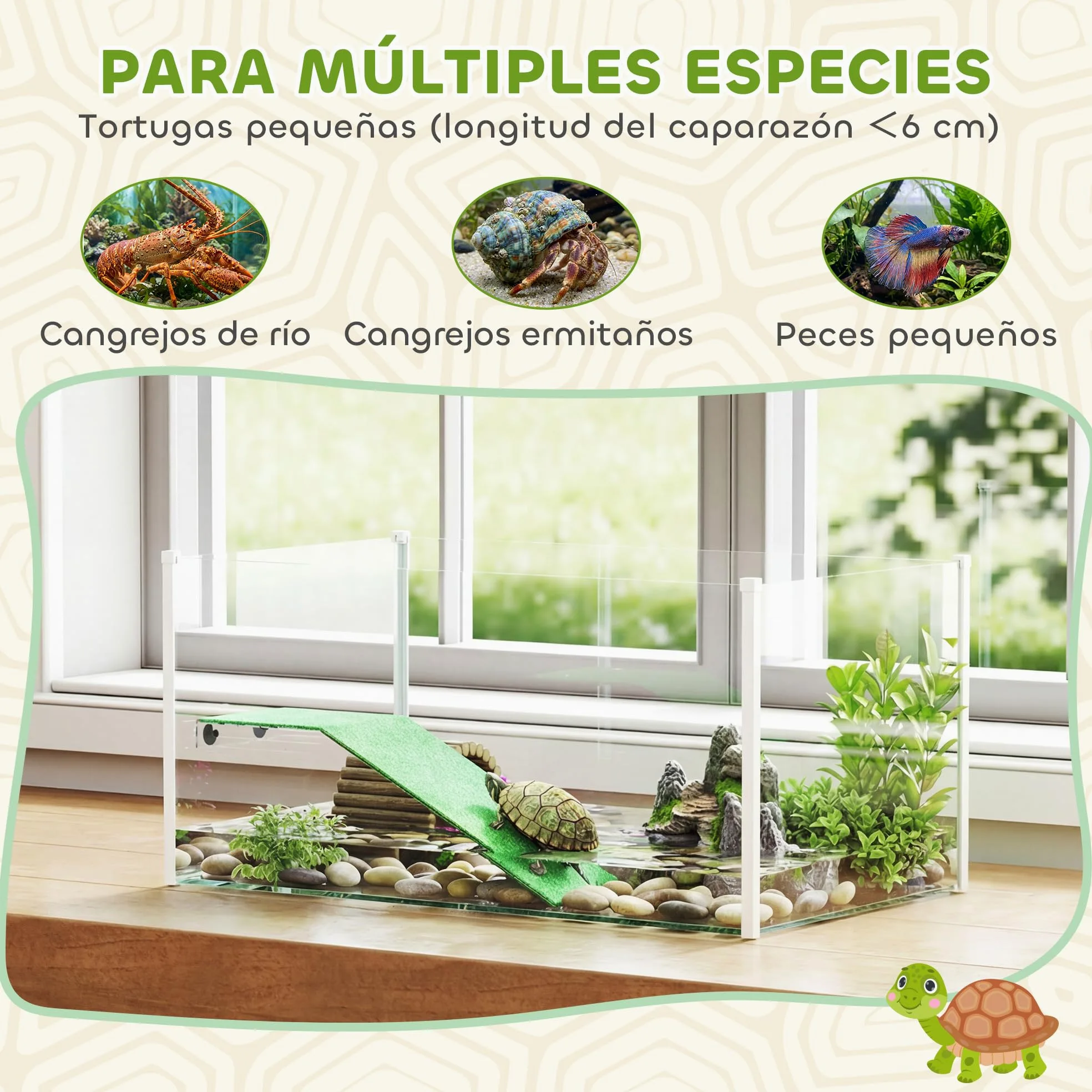 PawHut Acquario per tartarughe, terrario per tartarughe con piattaforma e rampa con superficie in erba artificiale, vista panoramica a 360°, per piccoli pesci, gamberetti, 60x35x28 cm, bianco