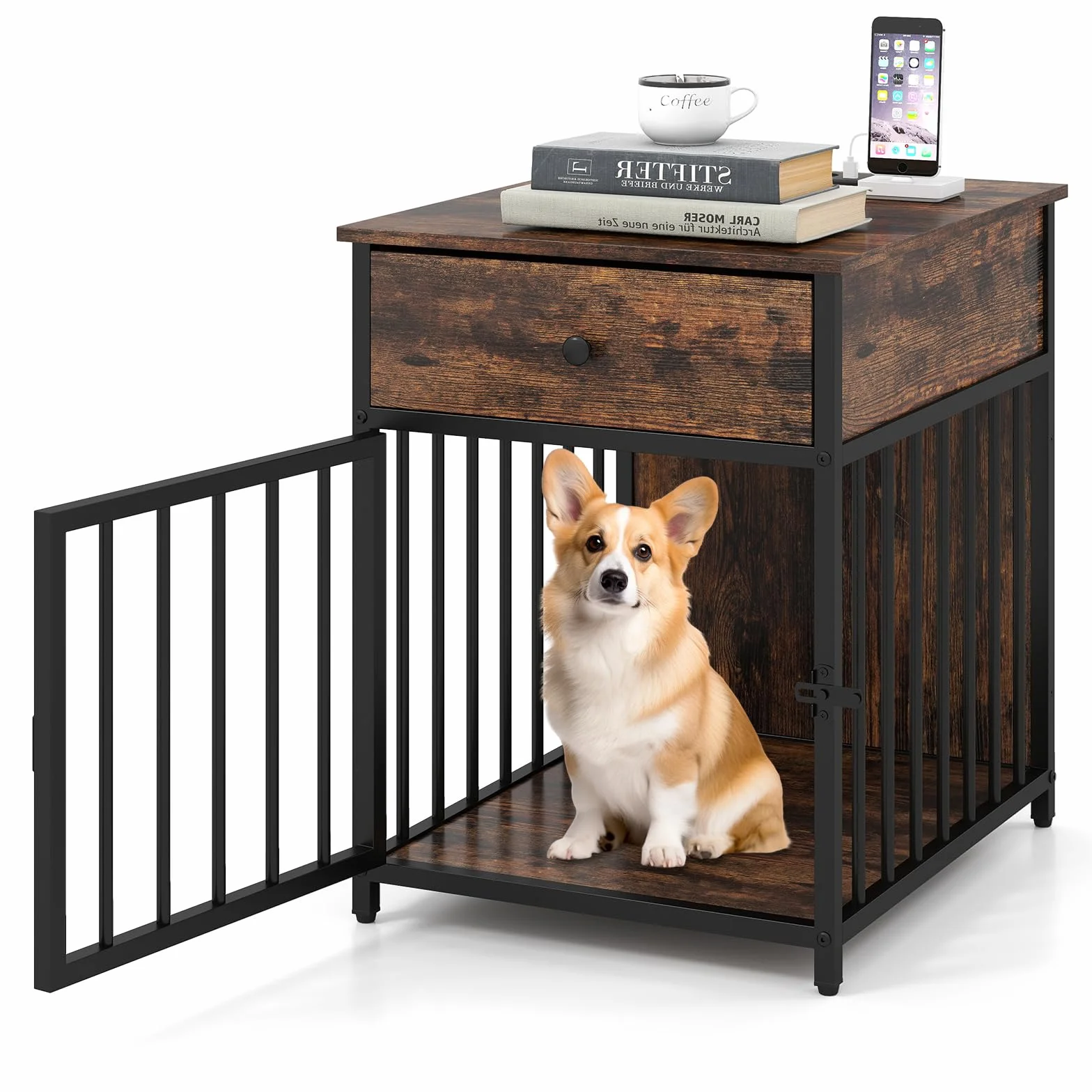 COSTWAY Gabbia per Cani con Stazione di Ricarica e Armadietto Multiuso | Cuccia per Cani in Legno con 2 Prese AC, 2 Porte USB e 1 Porta Type-C, Cassetto e Tubi Metallici, 81 x 37 x 115 cm