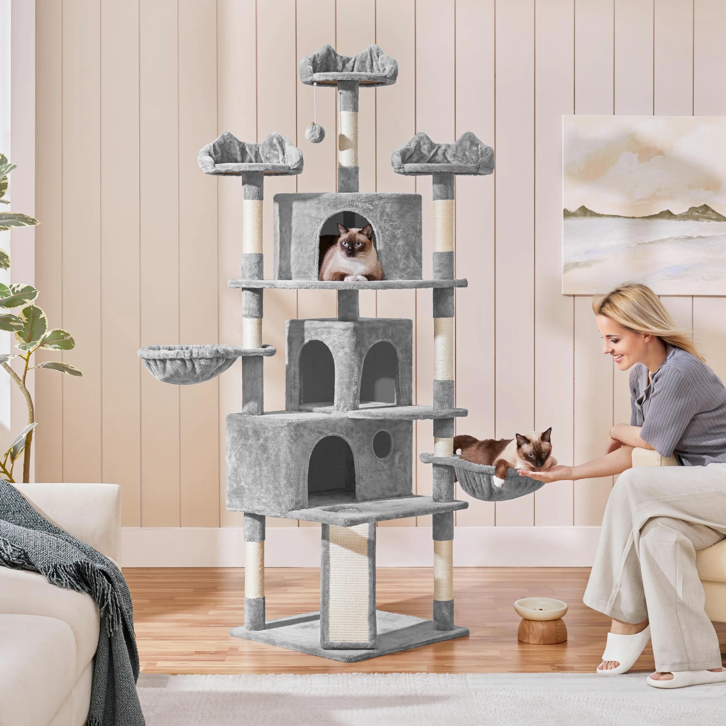 Yaheetech Albero Tiragraffi per Gatti Altezza 194 cm in Truciolato e Corda in Sisal con 3 Casette Rampa e Ceste Multilivello Grigio Chiaro