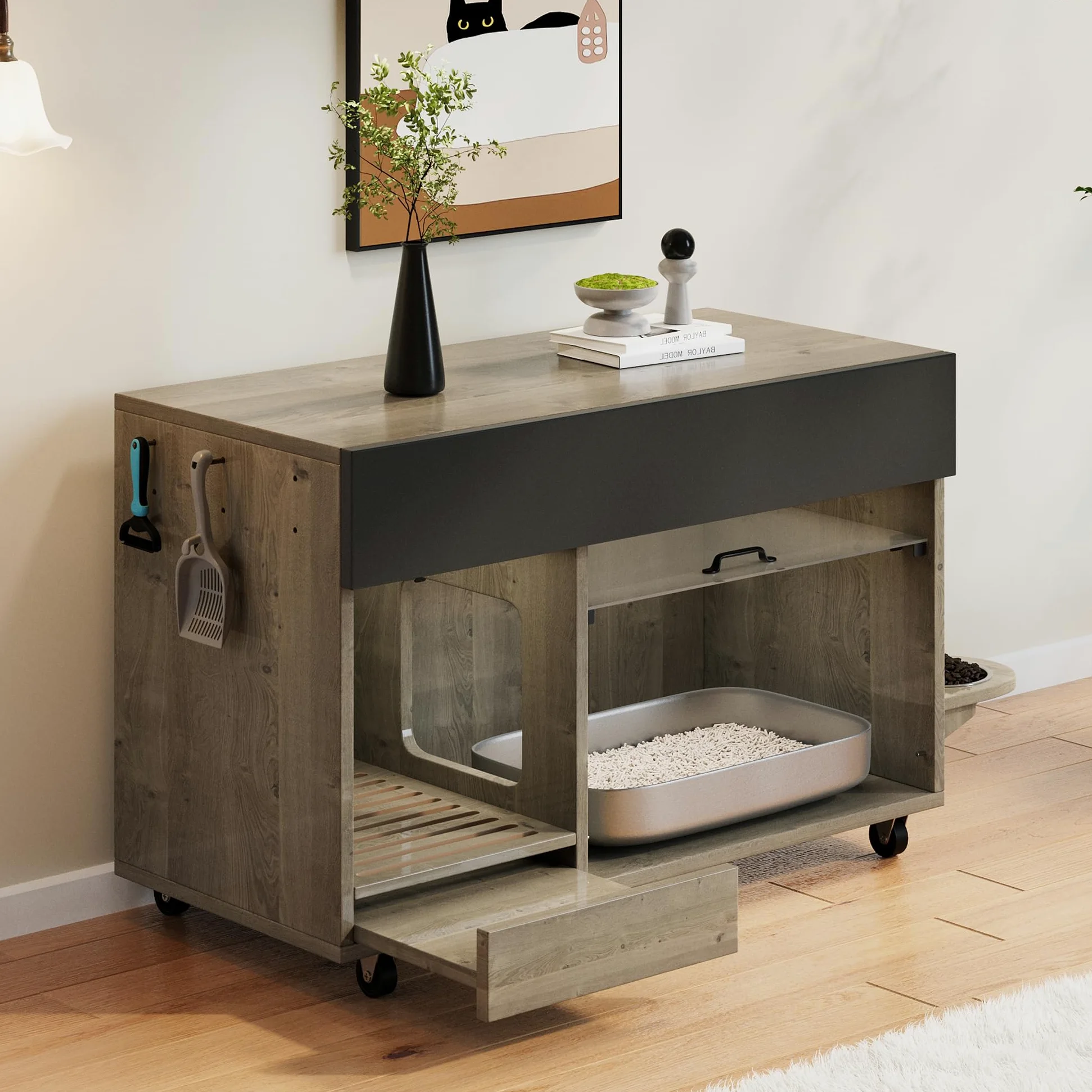 REXO Lettiera mobile per gatti con piatto per cibo per gatti, vassoio di raccolta della sabbia, piastra forata con gancio, senza lettiera per gatti, 100 × 45,5 × 67 cm, grigio antico e marrone, colore