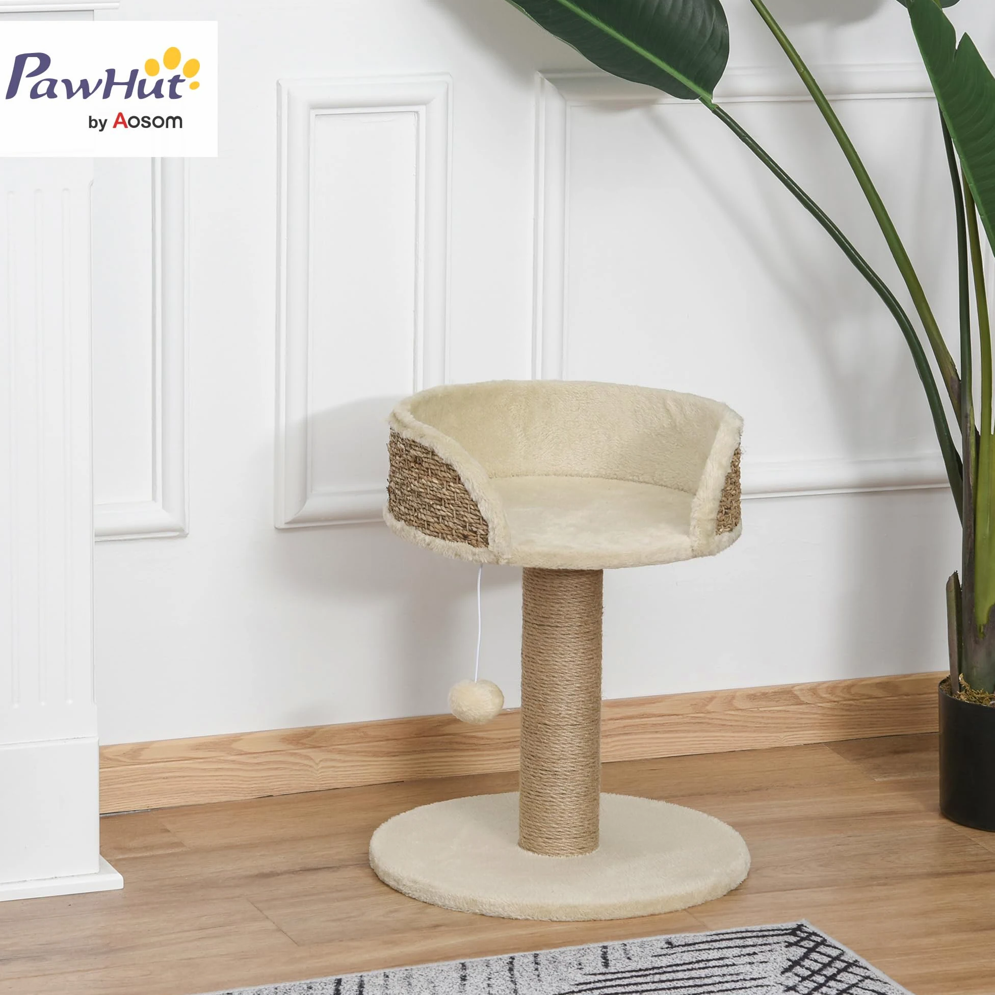 PawHut Albero Tiragraffi per Gatti Adulti e Gattini, Trespolo con Lettino per Gatti, Palo in Juta e Pallina Appesa, 40x40x49cm, Beige