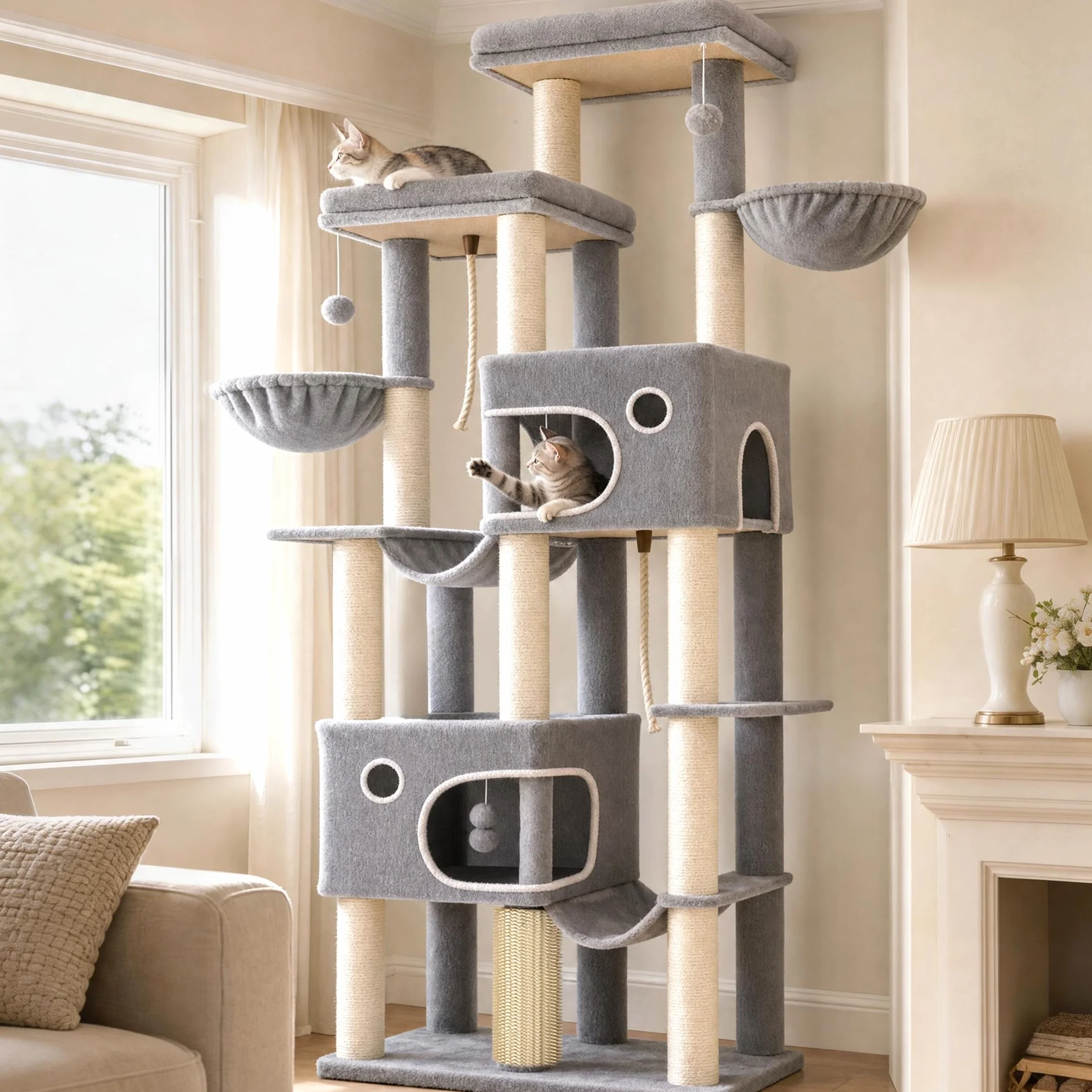 Hzuaneri Albero Tiragraffi Grande per Gatti, Torre per Gatti da Interno 213 cm con 2 Piattaforme XL, 2 Grotte, 10 Pali in Sisal, 2 Amache e Massaggiatore, per Maine Coon, Grigio Chiaro, MS21418LG