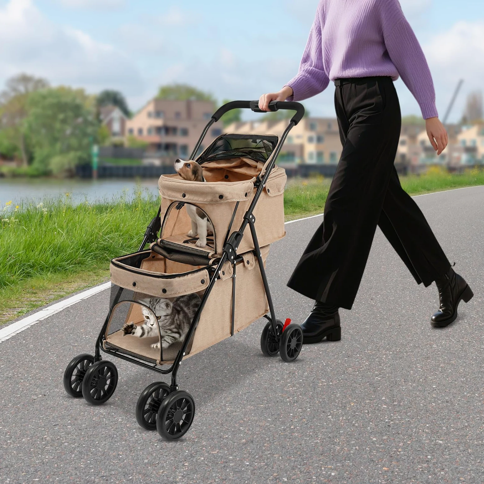 Passeggino per cani a 2 ripiani, con finestra a rete, pieghevole, per 2 cani di piccola taglia, gatto, kaki