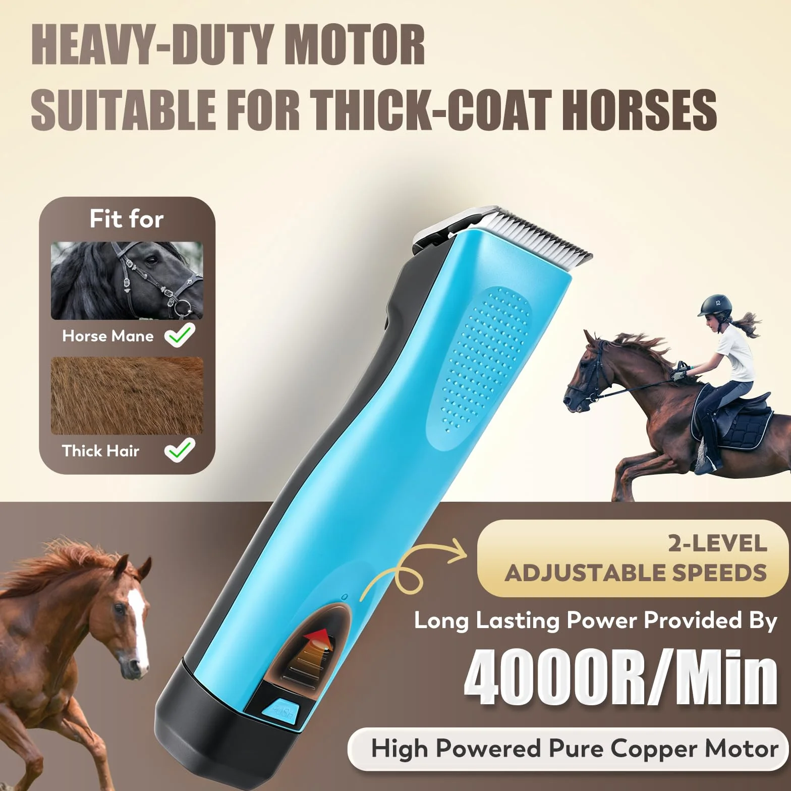 CGOLDENWALL Tosatrice per Cavalli, Batteria al Litio 1400mAh & 3.5m Cavo per Uso Cordato/Cordless, 3200-4000rpm Regolazione della Velocità 2, per Cane, Cavallo, Capra e Animale a Pelliccia Spessa