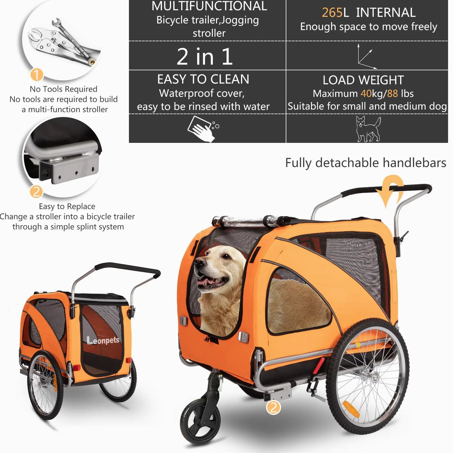 SEPNINE Rimorchio Per Cani 2 In 1 Per Bicicletta, Rimorchio Per Cani, Con Freni, Finestre In Plastica Trasparente Proteggono Dalla Pioggia