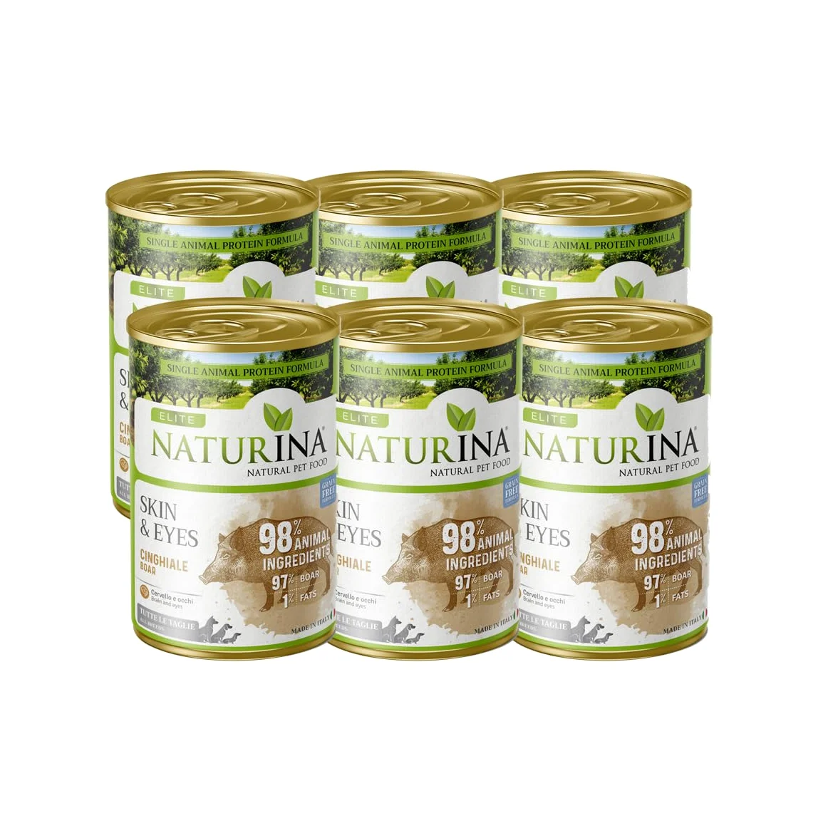 NATURINA - Elite Umido Skin&Eyes per Cani Adulti Cinghiale con Mirtilli Rossi e Ribes, Senza Grano, per Pelo Brillante e Benessere degli Occhi, per Tutte le Taglie, Made in Italy, 6 Lattine da 400g