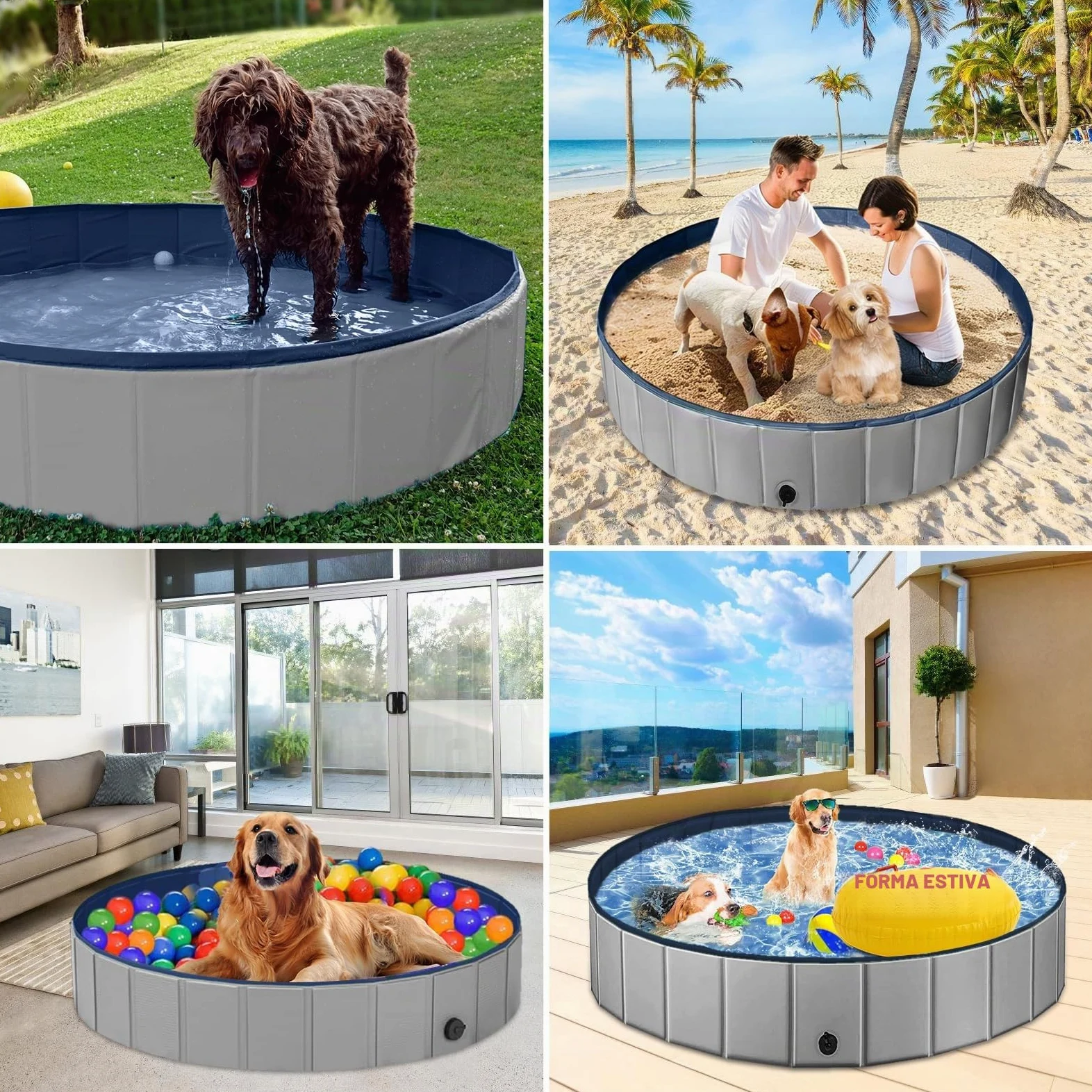 Piscina per cani extra large, 160 cm, resistente, pieghevole, per cani di grossa taglia, antiscivolo, con valvola di scarico e 2 giocattoli da masticare, piscina pieghevole per cani, per giardino