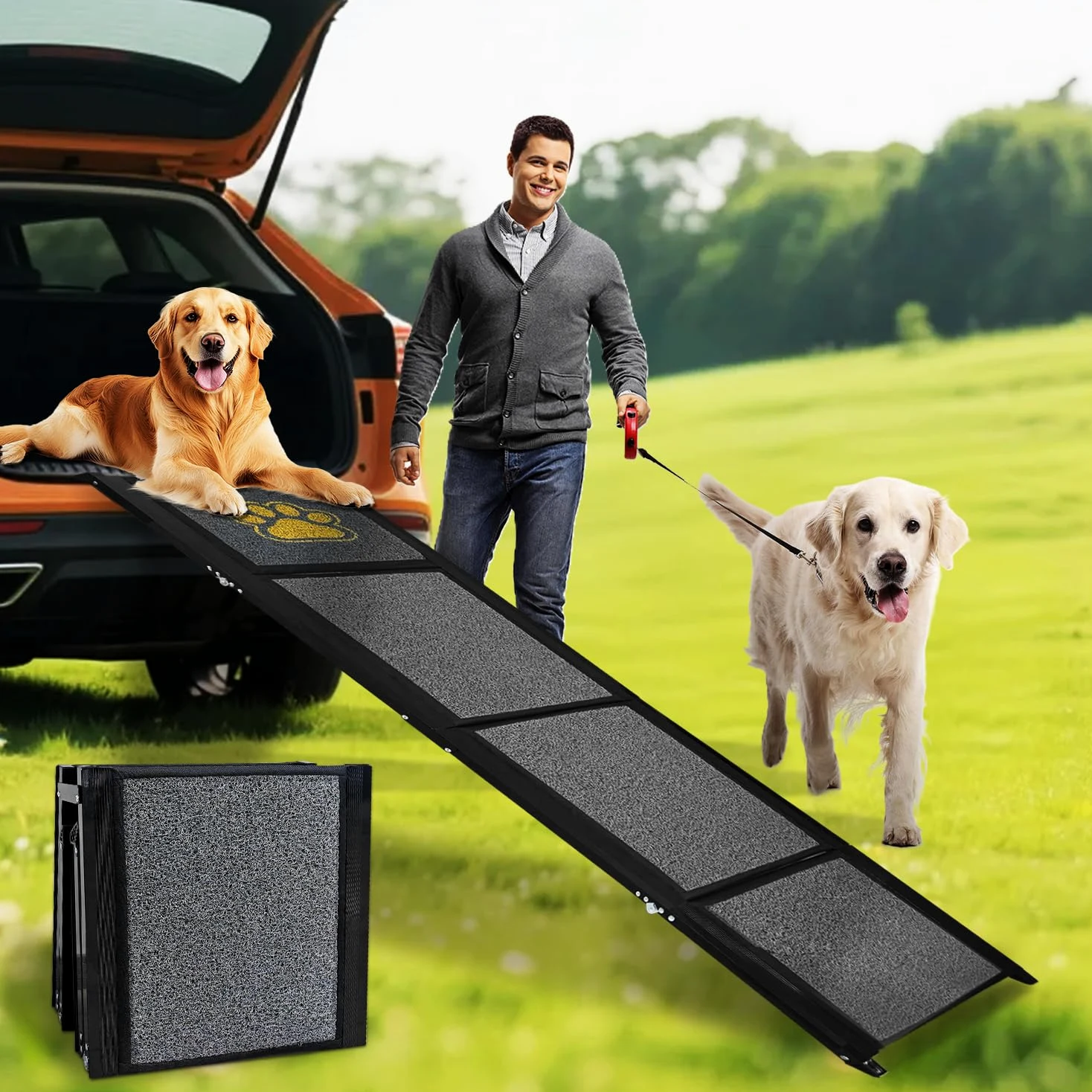 Rampa per Cani Auto Pieghevole 170 x 50 cm Grigio, con Superficie in Moquette Antiscivolo, Fino a 70 kg, Leggera in Alluminio per Animali Domestici, per Auto, Camion, SUV e Scale Esterne