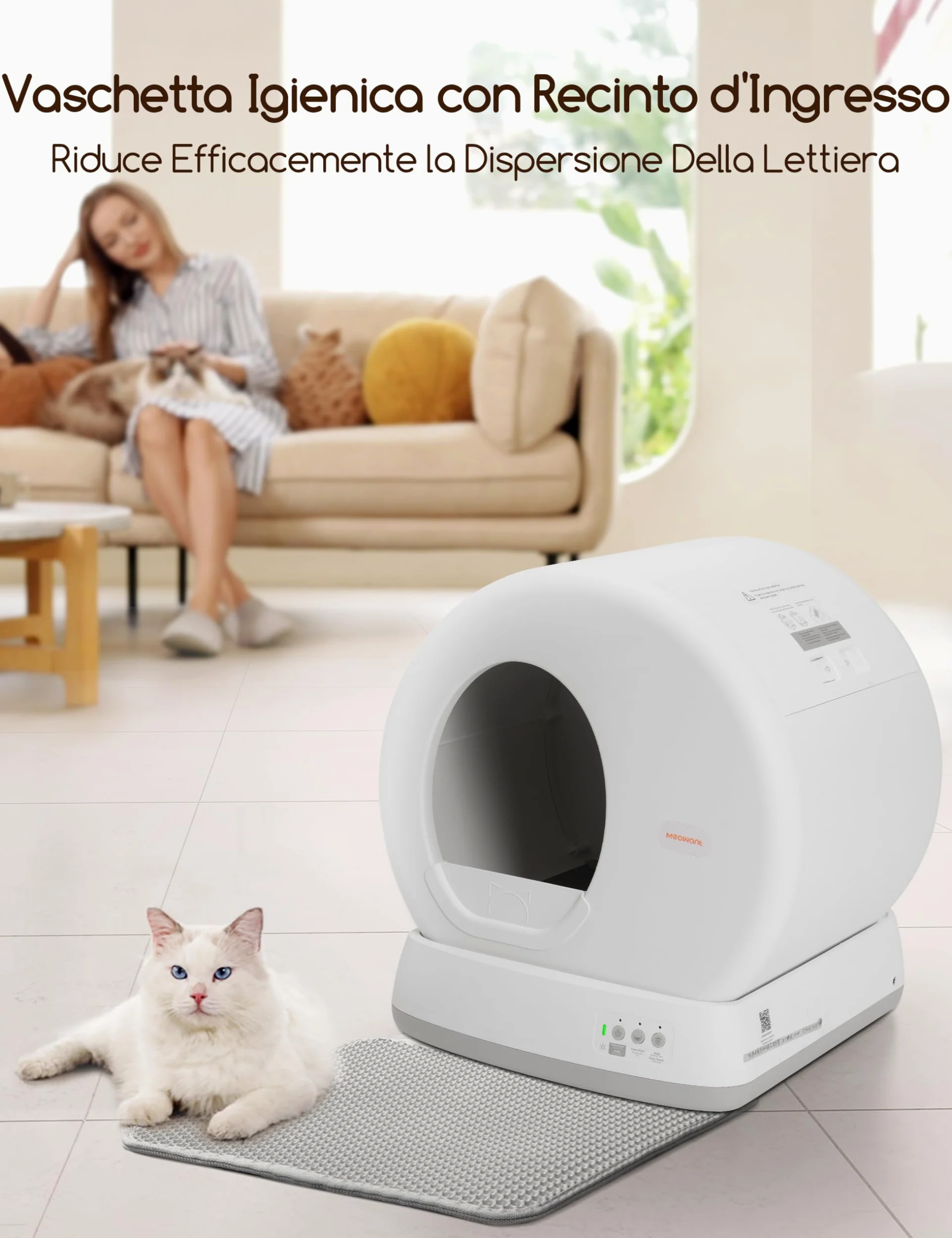 MeoWant Lettiera Gatto Autopulente, 57,6L Lettiera Automatica per Gatti con Sacchi Spazzatura e Tappetini Gatti per Multi Gatto, Isolamento Odori, Pulizia Facile, Comando APP