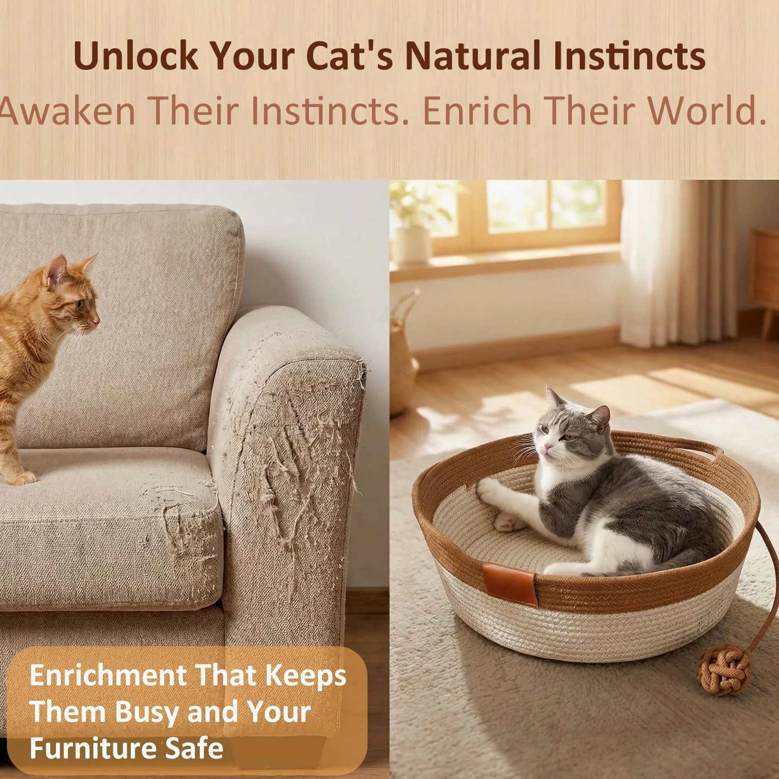 Instinct Basket per gatti, letto arricchito a mano in corda di cotone con coda giocattolo attaccata, nido interattivo antigraffio per animali domestici, presenta pareti flessibili per combattere la