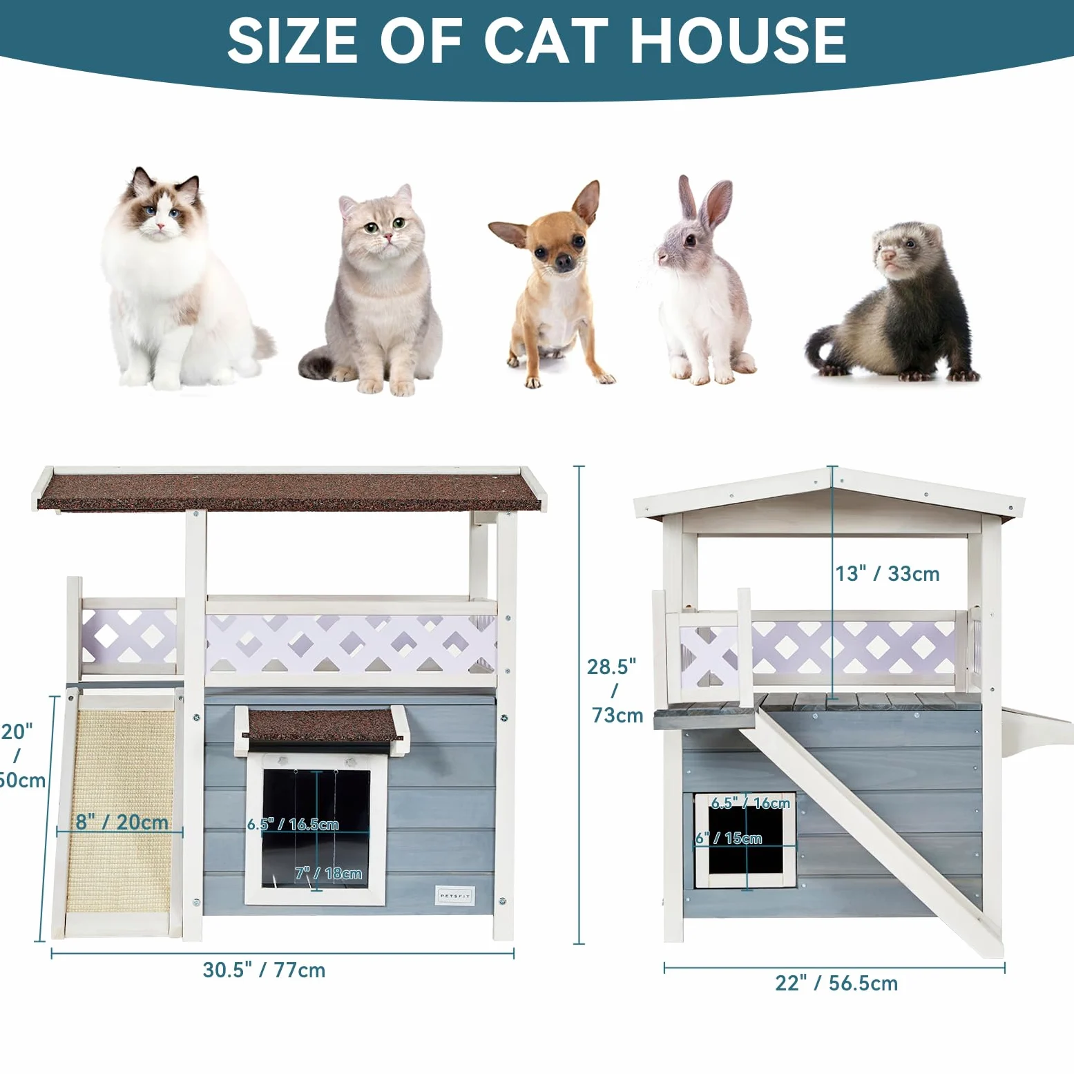 Petsfit Casetta per Gatti in Legno, con Tetto Asfalto, Cuccia per Gatto da Esterno (Grigio con tiragraffi, 76x56x72.4cm)