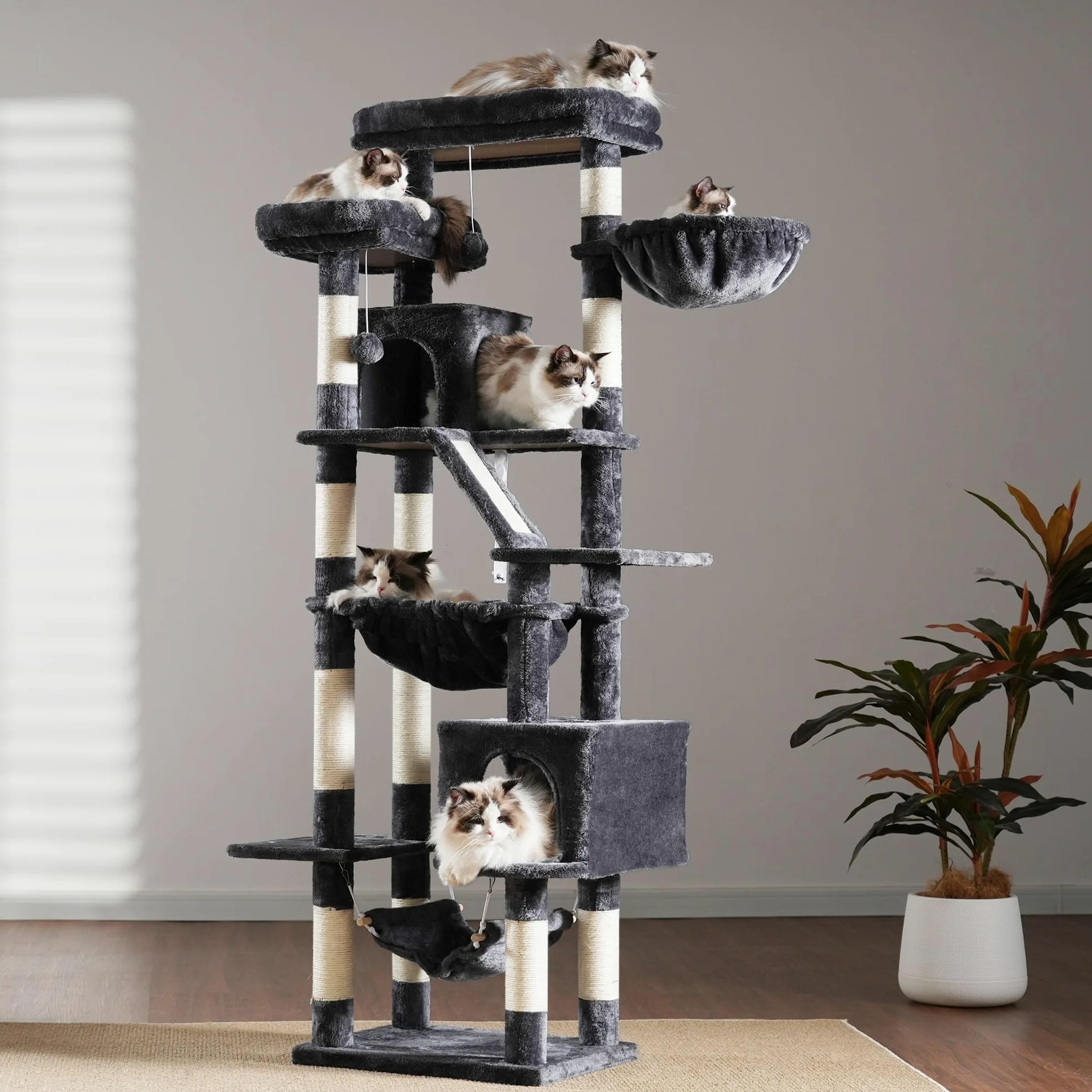 Heybly Albero Per Gatti, Torre 180 cm, 2 Piattaforme, 2 Capanne, 2 Amache, Pannello Per Sgualabocche. Grande Mobile Per Gatti Con Spazio Dormire, Grigio Fumo HCT034G